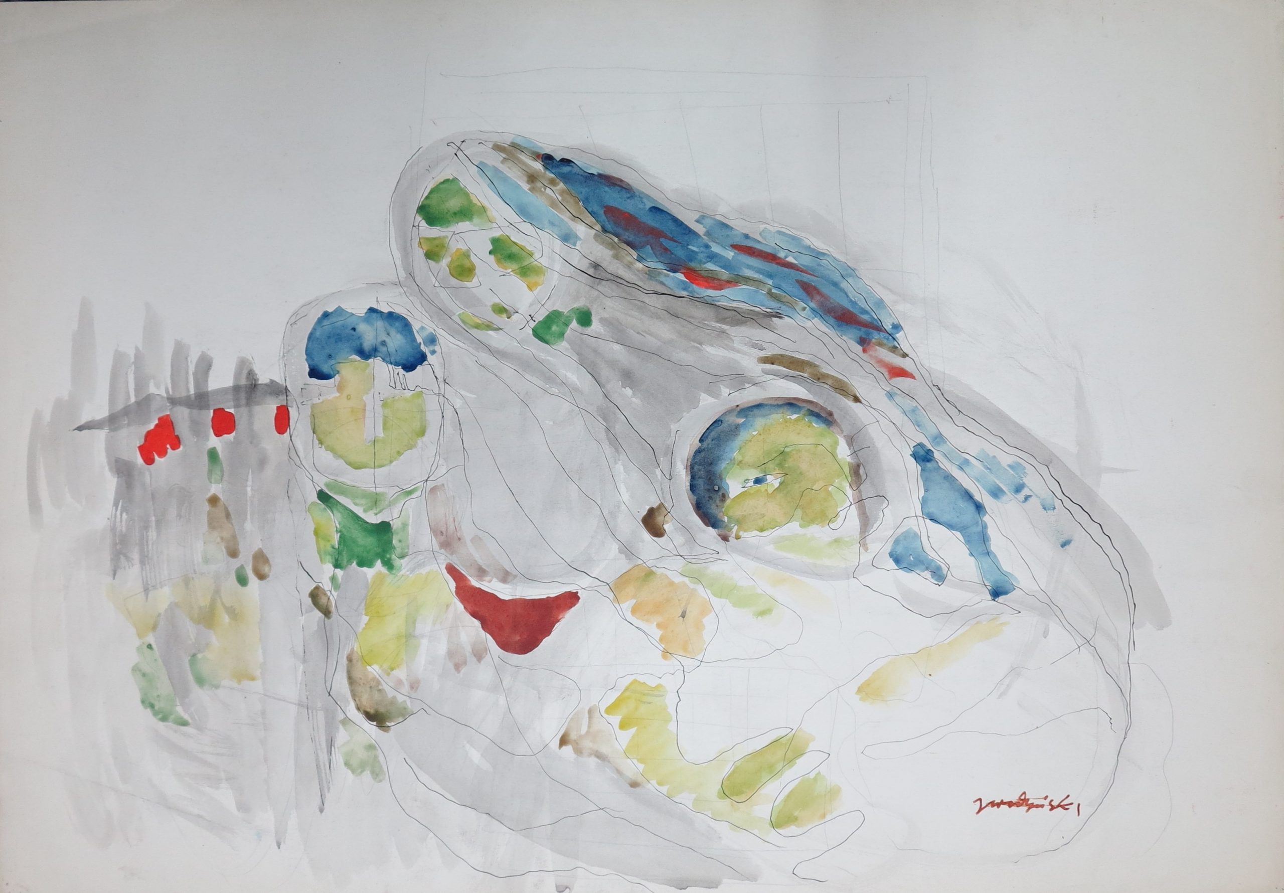 5662 ah jan wodyński, wojna, 1965 r., tusz, akwarele, 70 x 100 cm