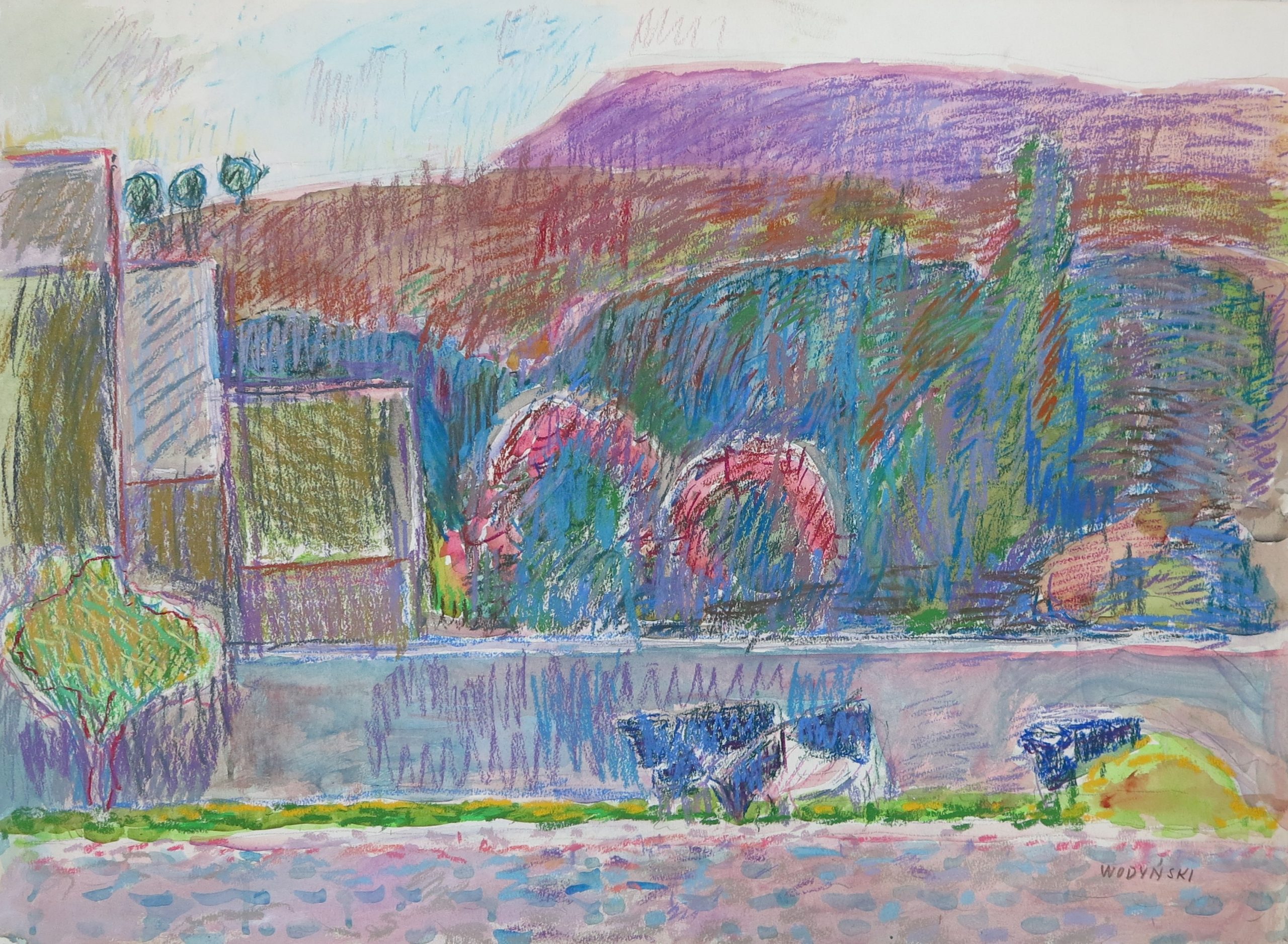 5668 a-h,  jan wodyński, pejzaż z krowami, pastele, 56 x 75,5 cm.