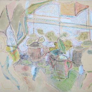 5674 ah jan wodyński, za oknem śnieg, 1965 r., pastele, akwarela, 75 x 97 cm