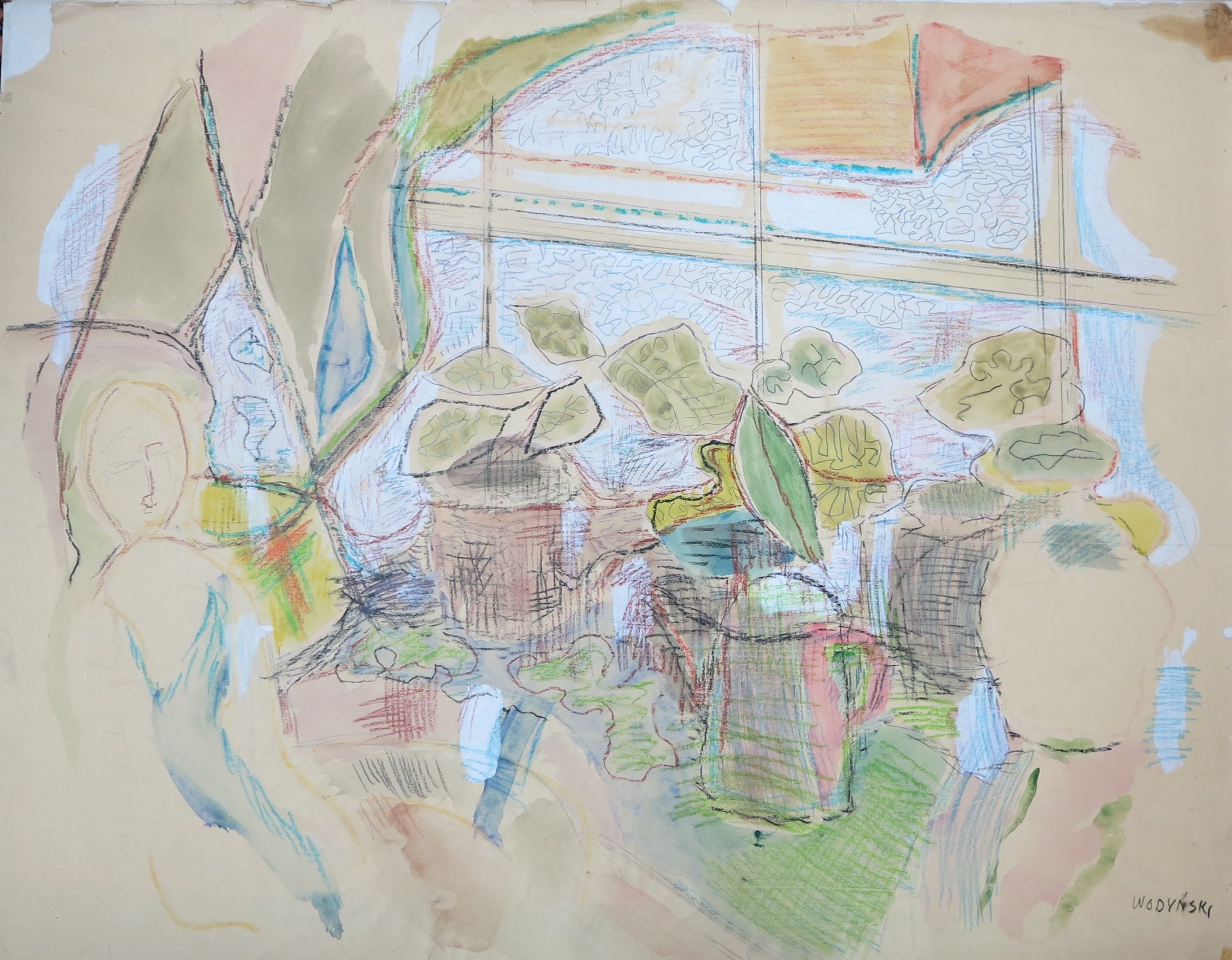 5674 ah jan wodyński, za oknem śnieg, 1965 r., pastele, akwarela, 75 x 97 cm