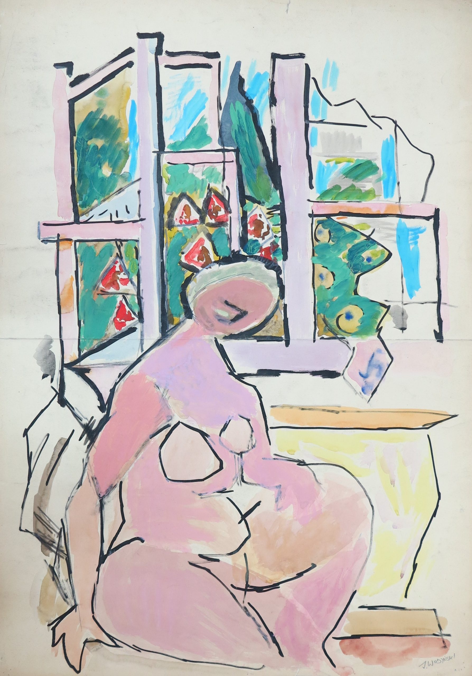 5676 ah jan wodyński, akt na tle okna, 1952 r., akwarele, 100 x 70 cm