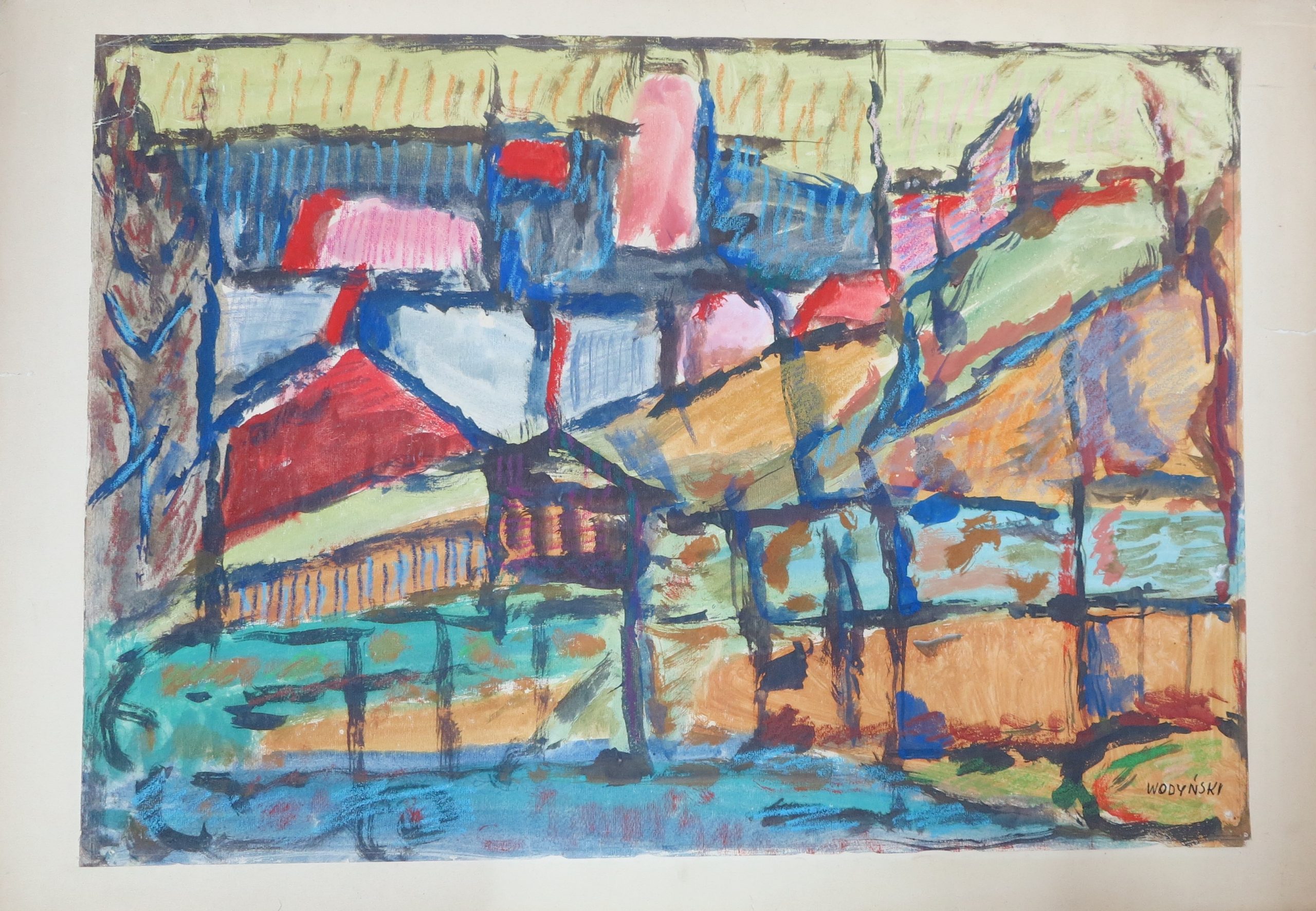 5677 ah jan wodyński, pejzaż lubuski, 1959, gwasz, 61 x 86 cm.