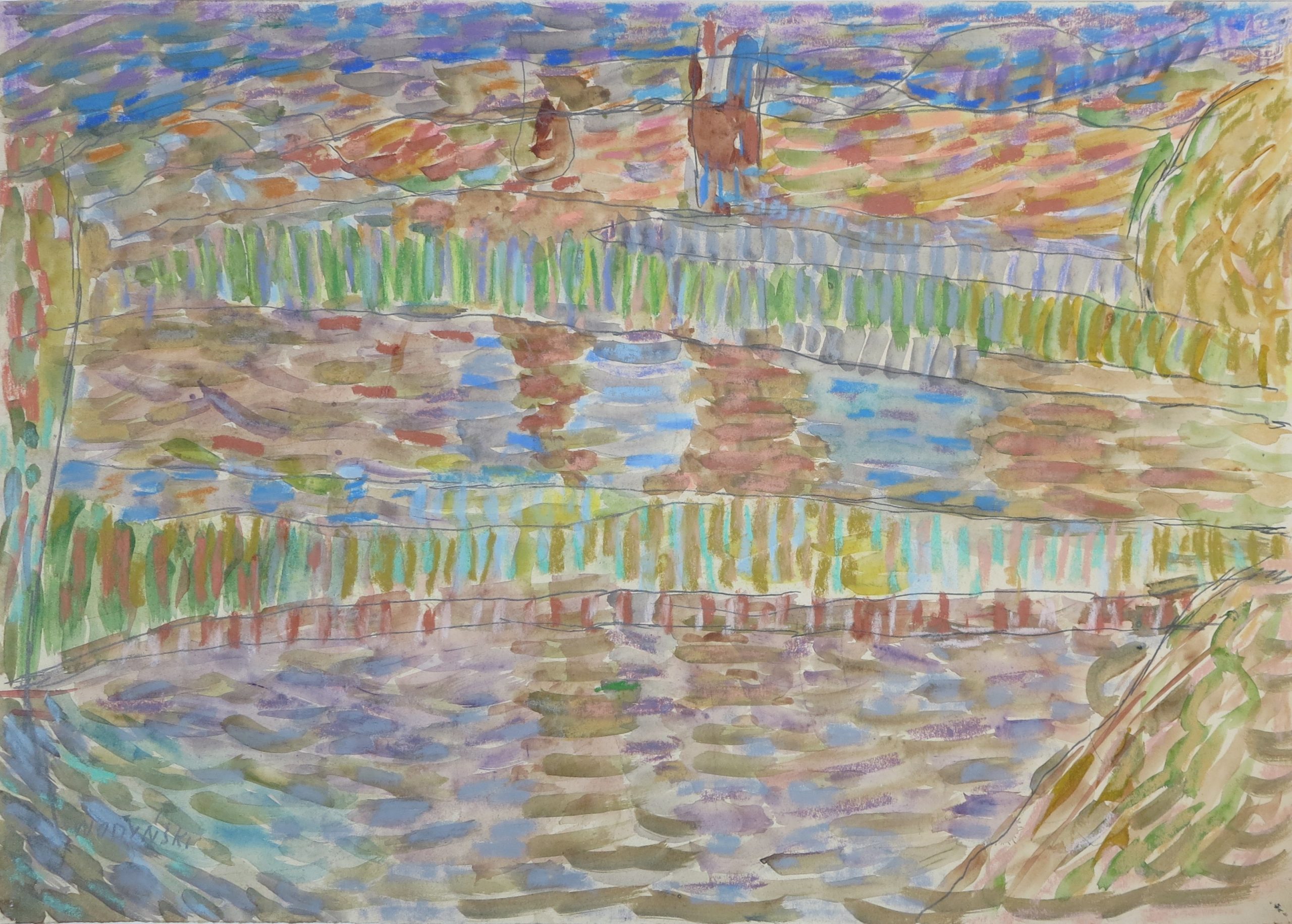 5722 ah jan wodyński, stawek, 1963 r., akwarele, pastel, 50 x 71 cm.