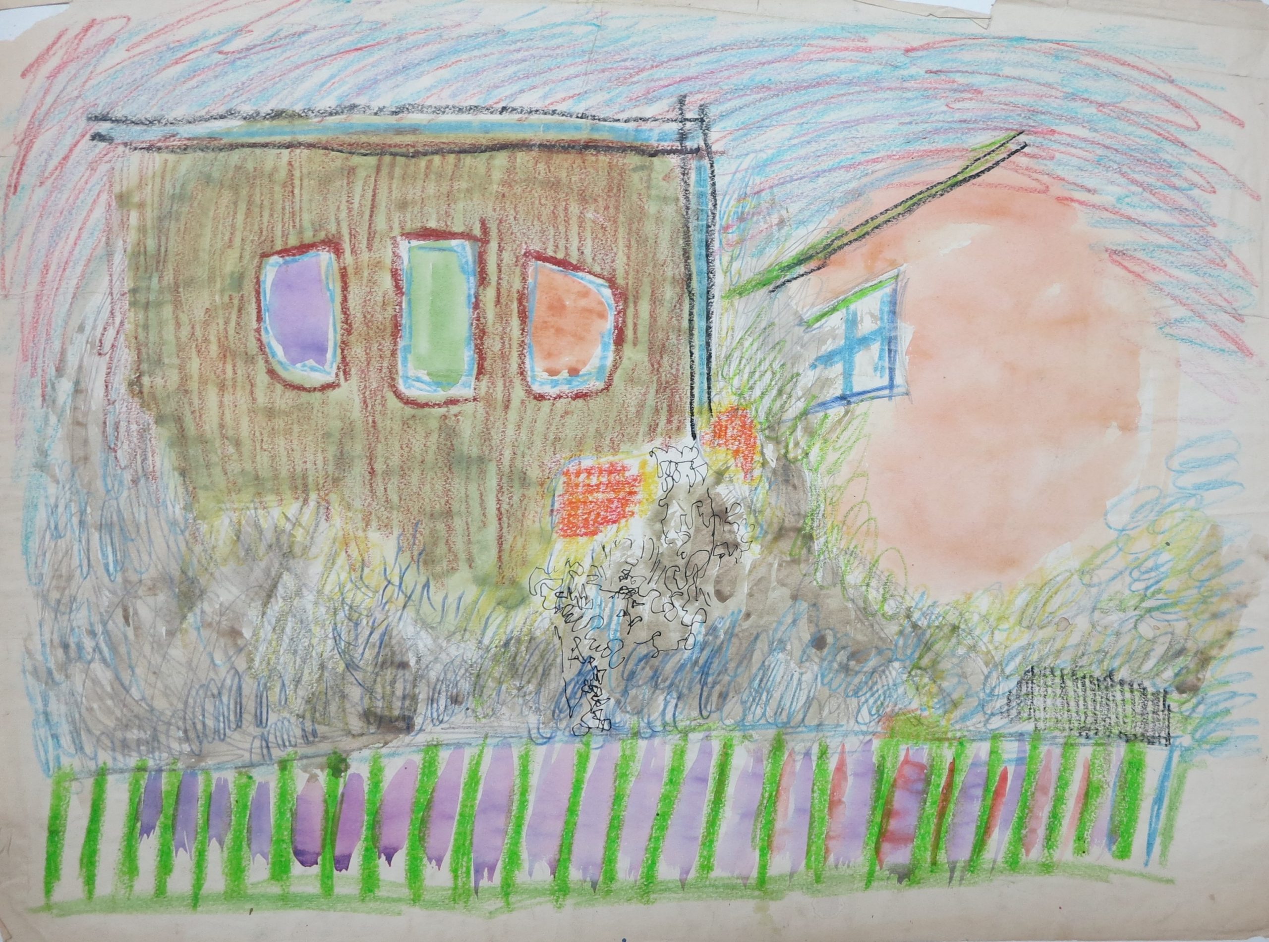5725 ah jan wodyński, Ściany domów, akwarela, kredka, 47 x 63 cm.