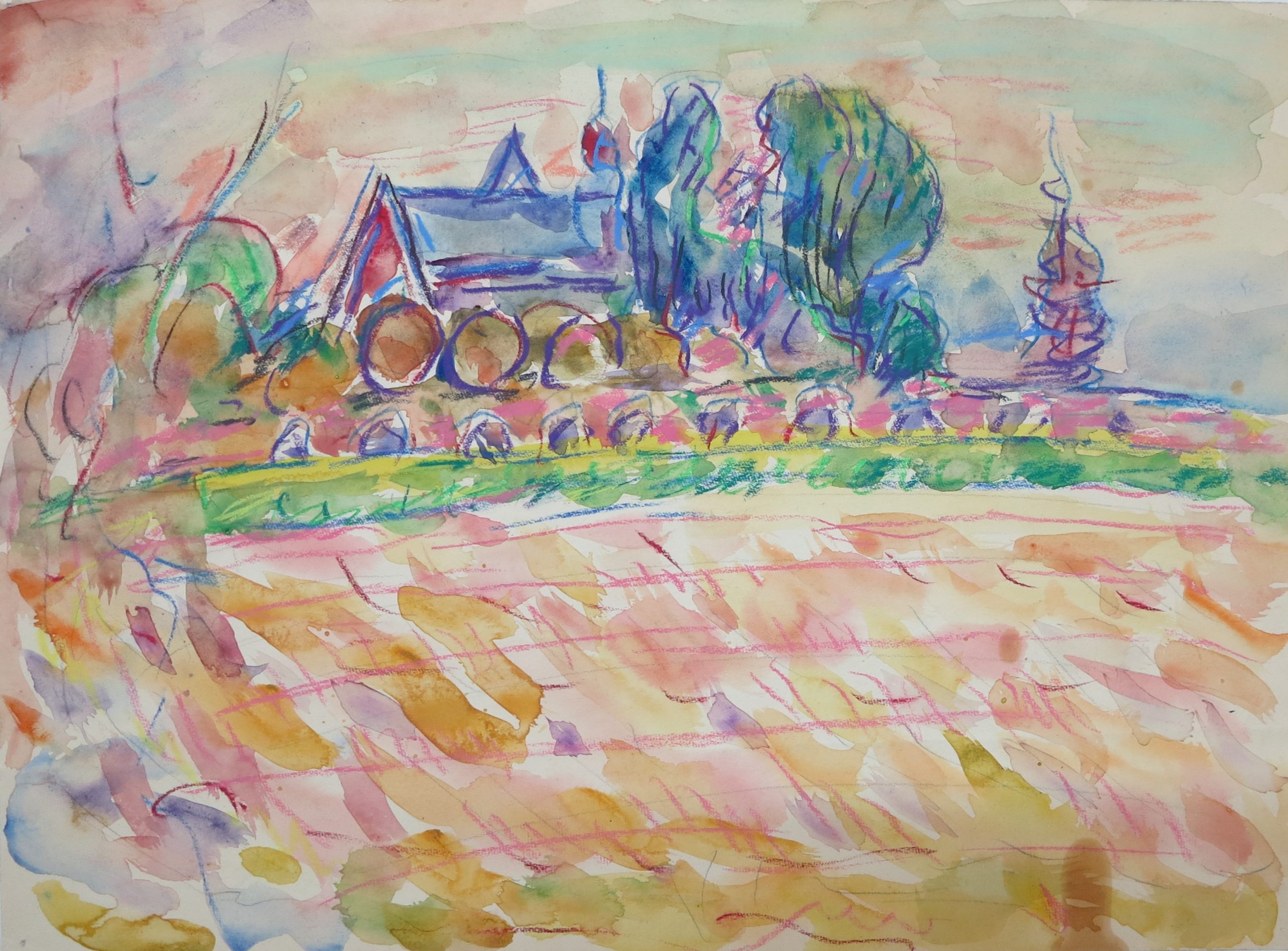 5726 a-h,  jan wodyński, pejzaż z kościołem, akwarela, kredka, 35 x 48 cm.
