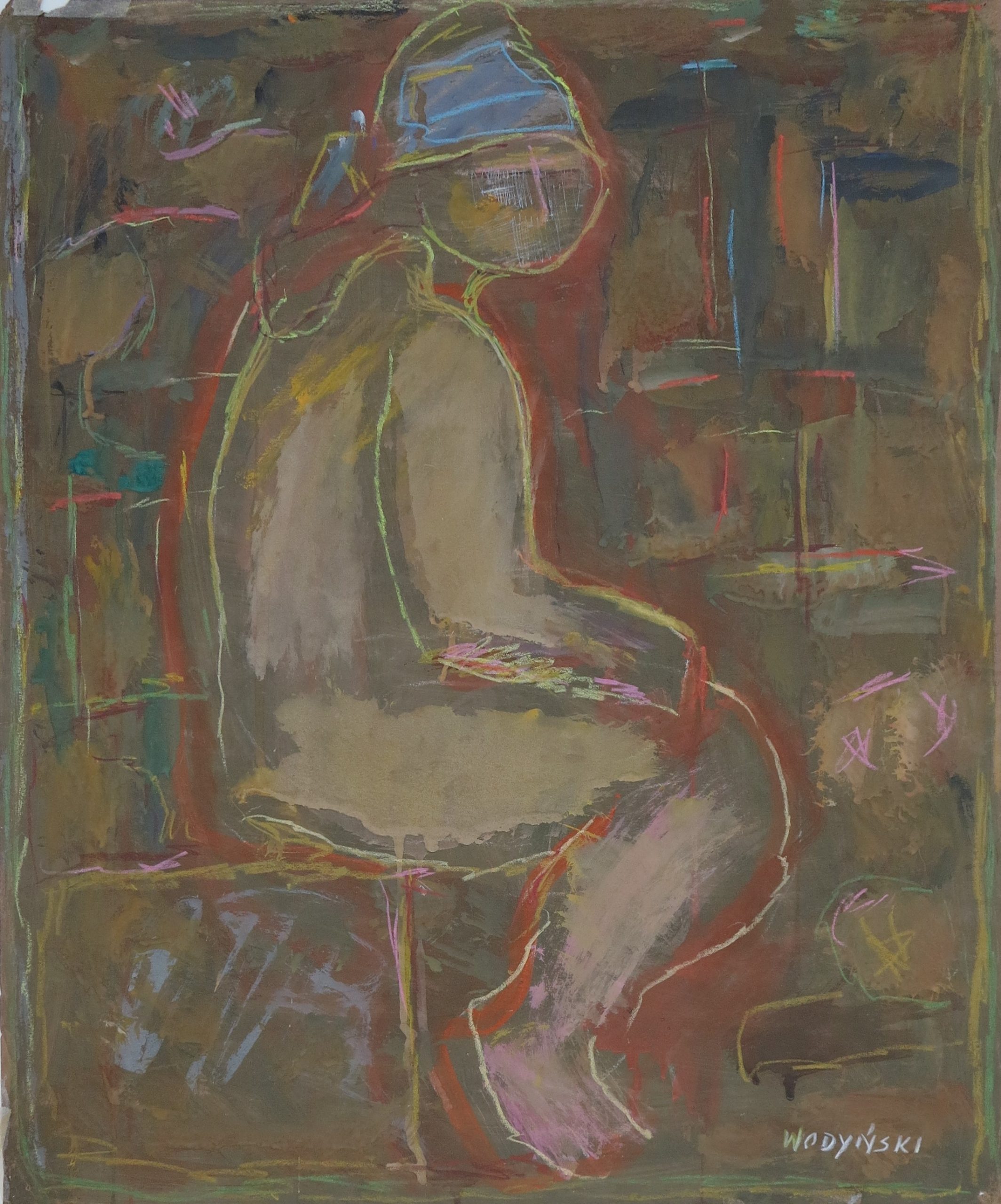 5747 ah jan wodyński, siedząca postać, 1968 r.,  gwasz, kredka, 67 x 55 cm