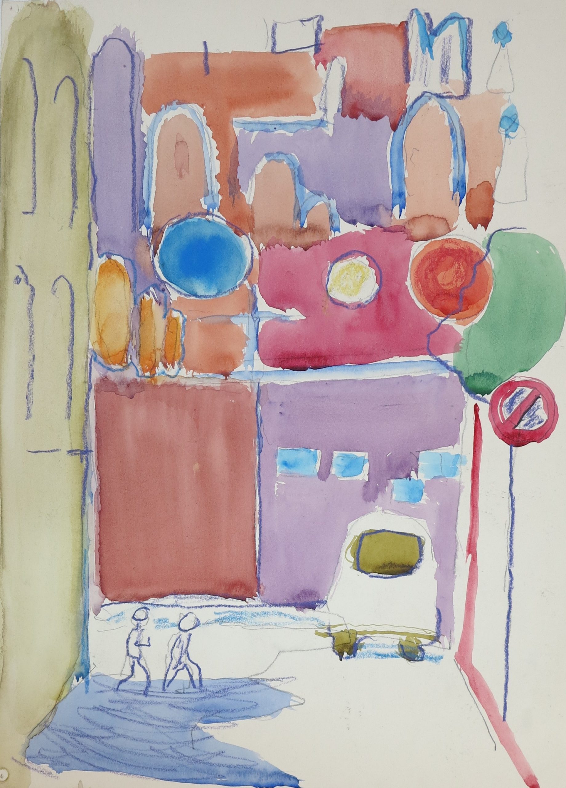 5754 ah jan wodyński, na ulicy, akwarela, kredka, 51 x 36,5 cm.