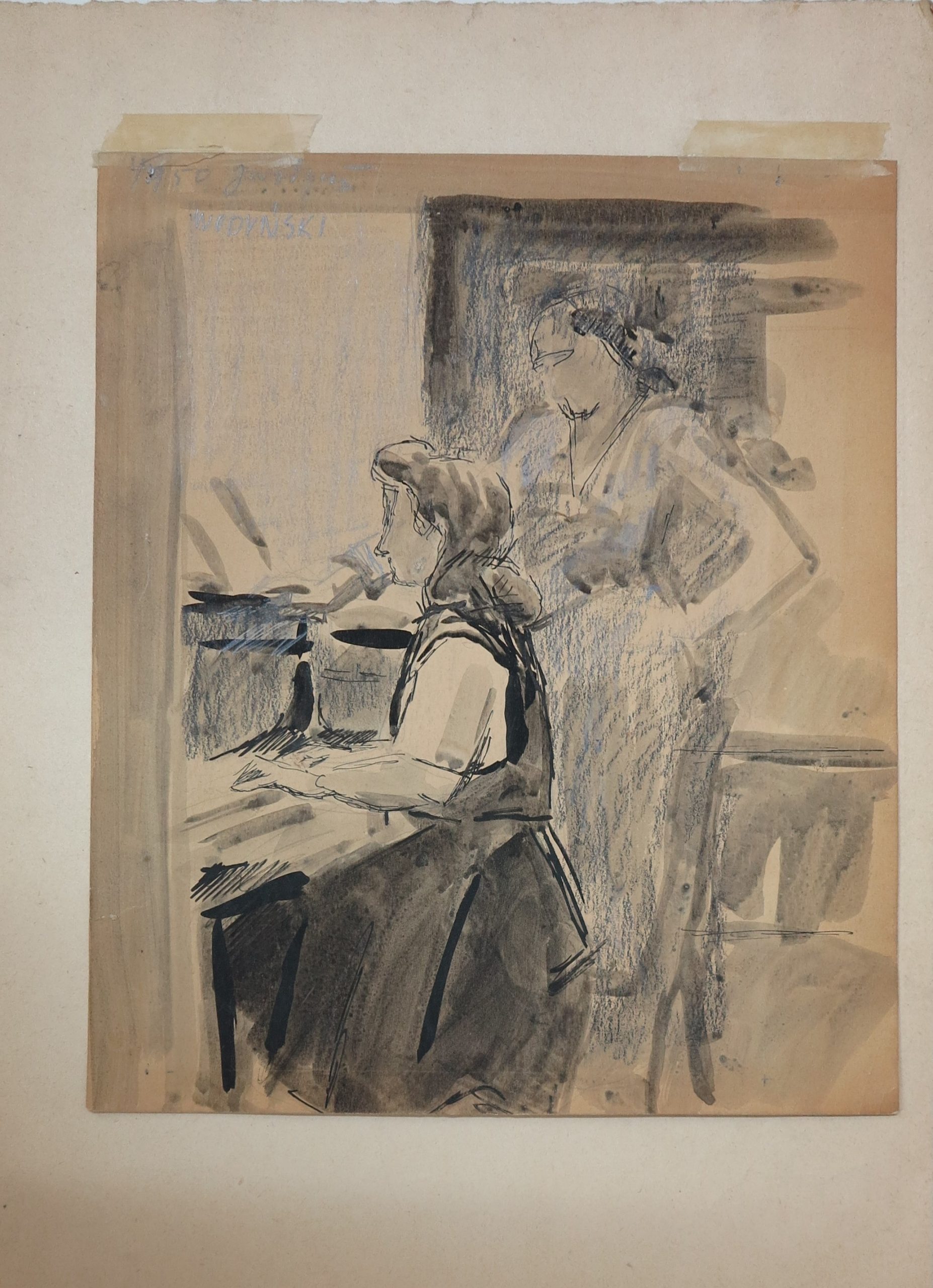 5758 ah jan wodyński, lekcja muzyki, 1950 r., tusz, kredka, 35 x 29,5 cm