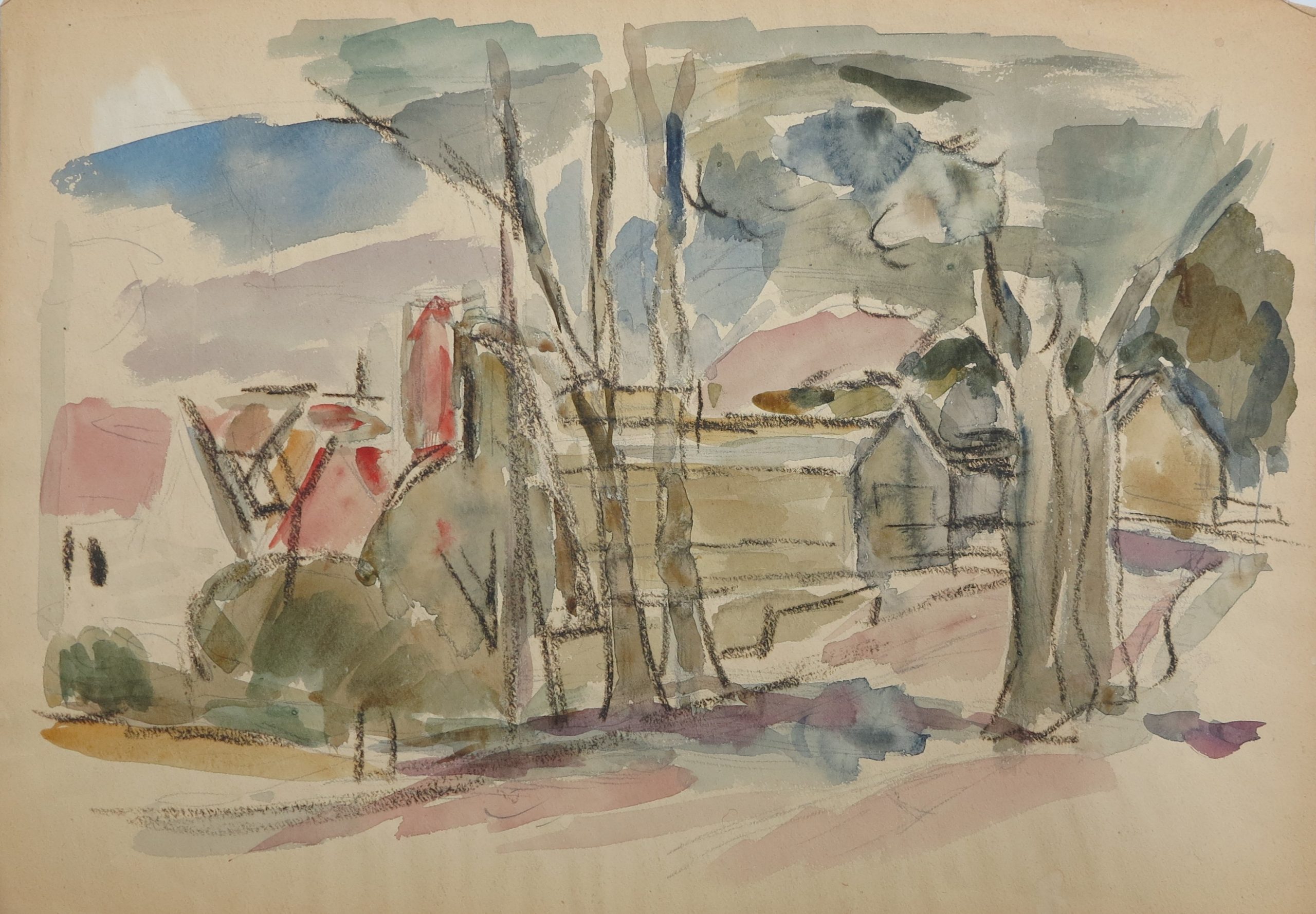 5806 ah jan wodyński, pejzaż wiejski, akwarela, pastel, 29,5 x 42 cm