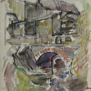 5807 ah jan wodyński, pejzaż z mostkiem, pastel, akwarele, 32,5 x 25 cm