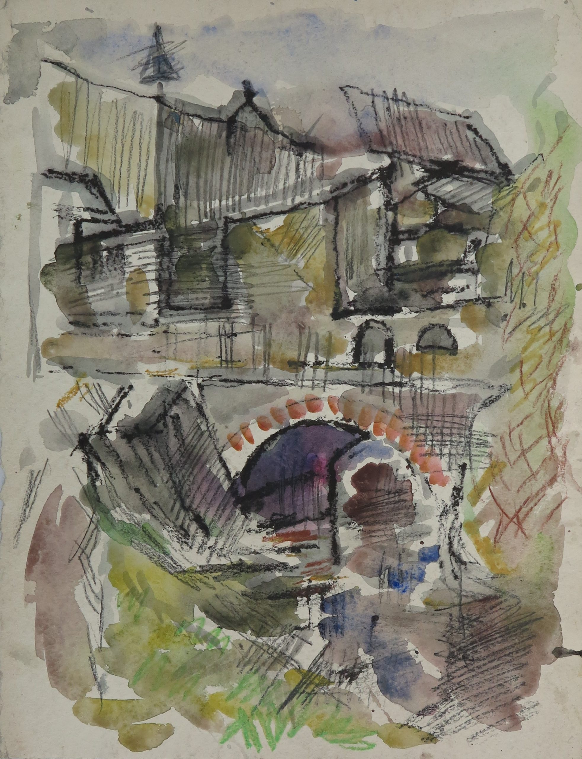 5807 ah jan wodyński, pejzaż z mostkiem, pastel, akwarele, 32,5 x 25 cm