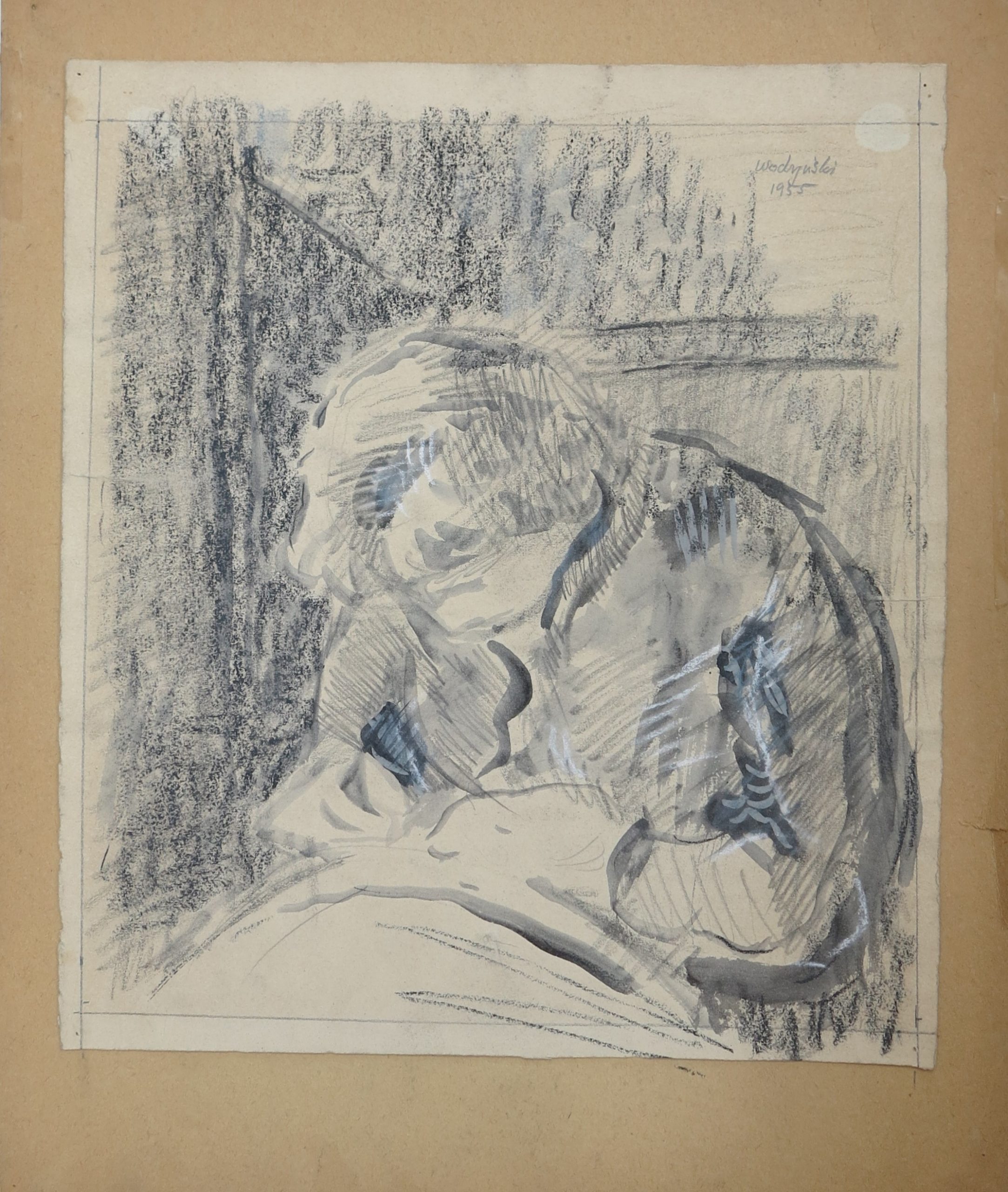 5808 ah jan wodyński, szyjąca, tusz, pastel, 37,5 x 33 cm.