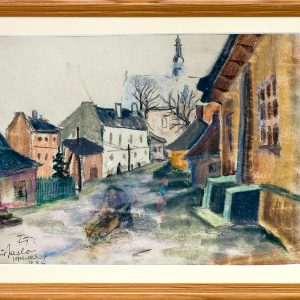 5935 ah obraz pastel, jasło widok na ul. farną, autor t.t. 24x33 cm. pocz xx w.