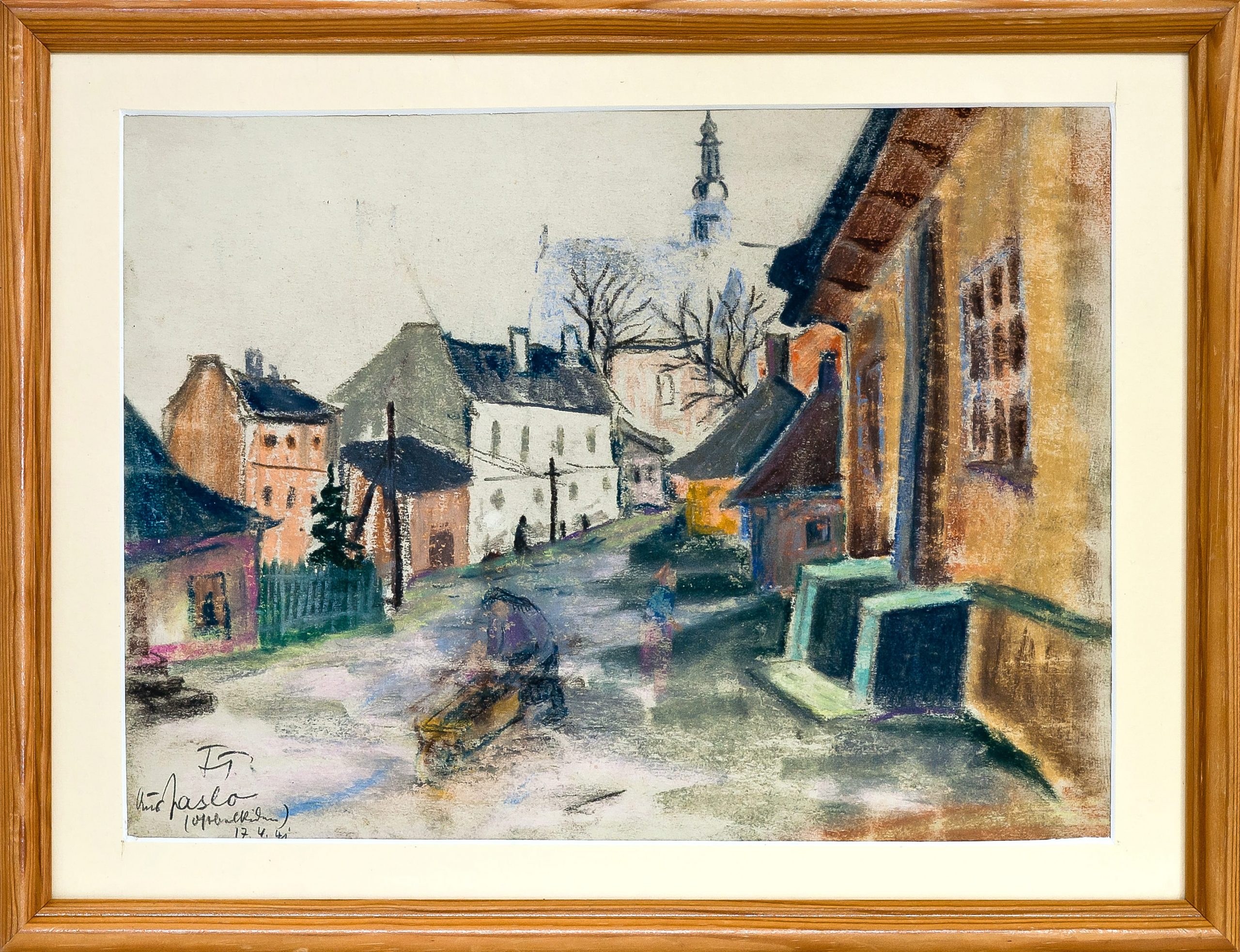 5935 ah obraz pastel, jasło widok na ul. farną, autor t.t. 24x33 cm. pocz xx w.