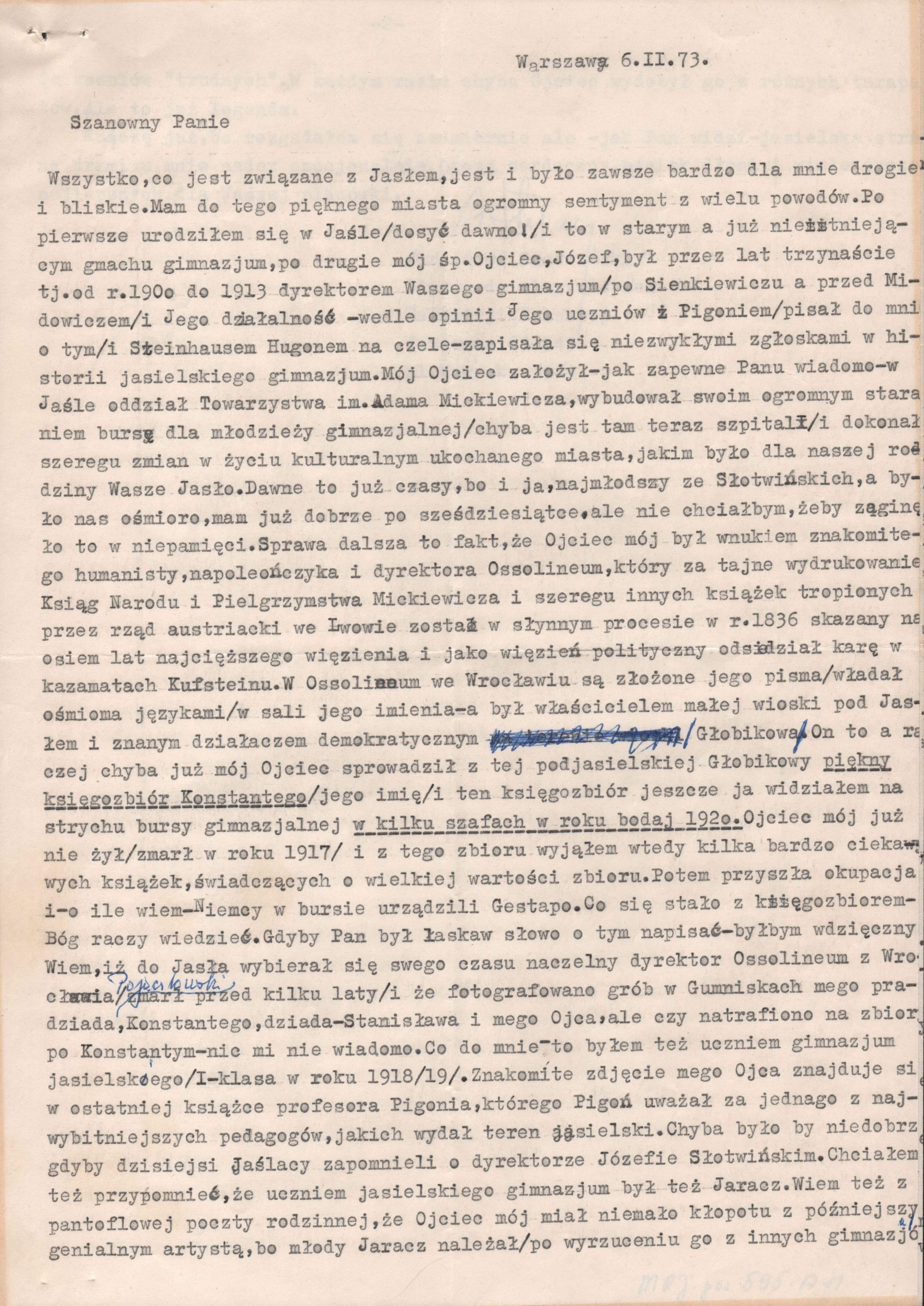 595 ahsid – list dr. józefa słotwińskiego – syna byłego dyrektora jasielskiego gimnazjum, 1973 r.