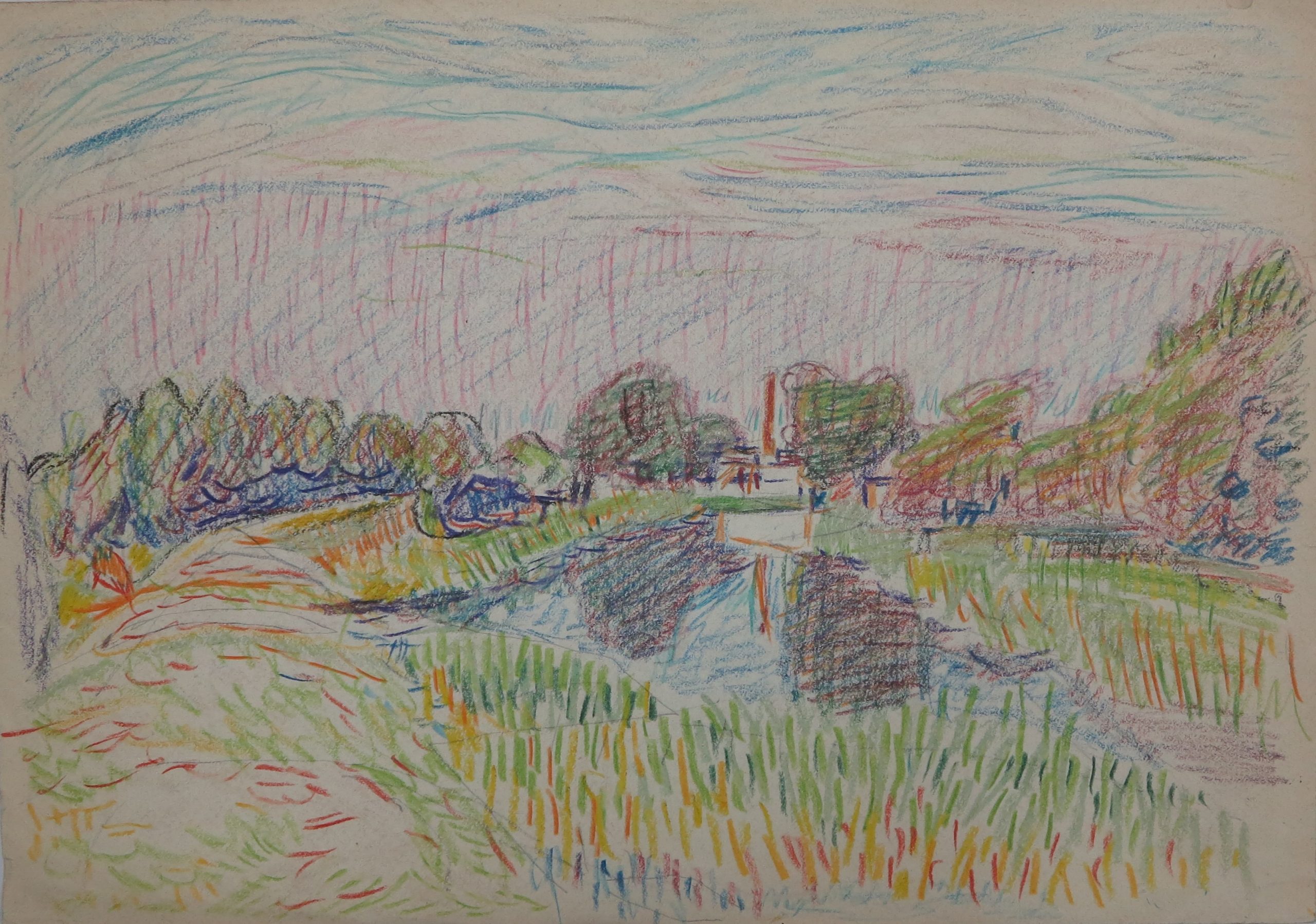 5972 ah jan wodyński, pejzaż, kredki, 29,5 x 42 cm.