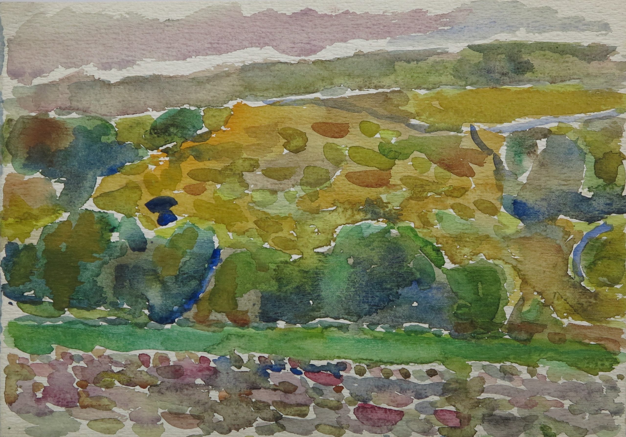 5977 ah jan wodyński, pejzaż z rzeką, akwarele, 21 x 29,5 cm.