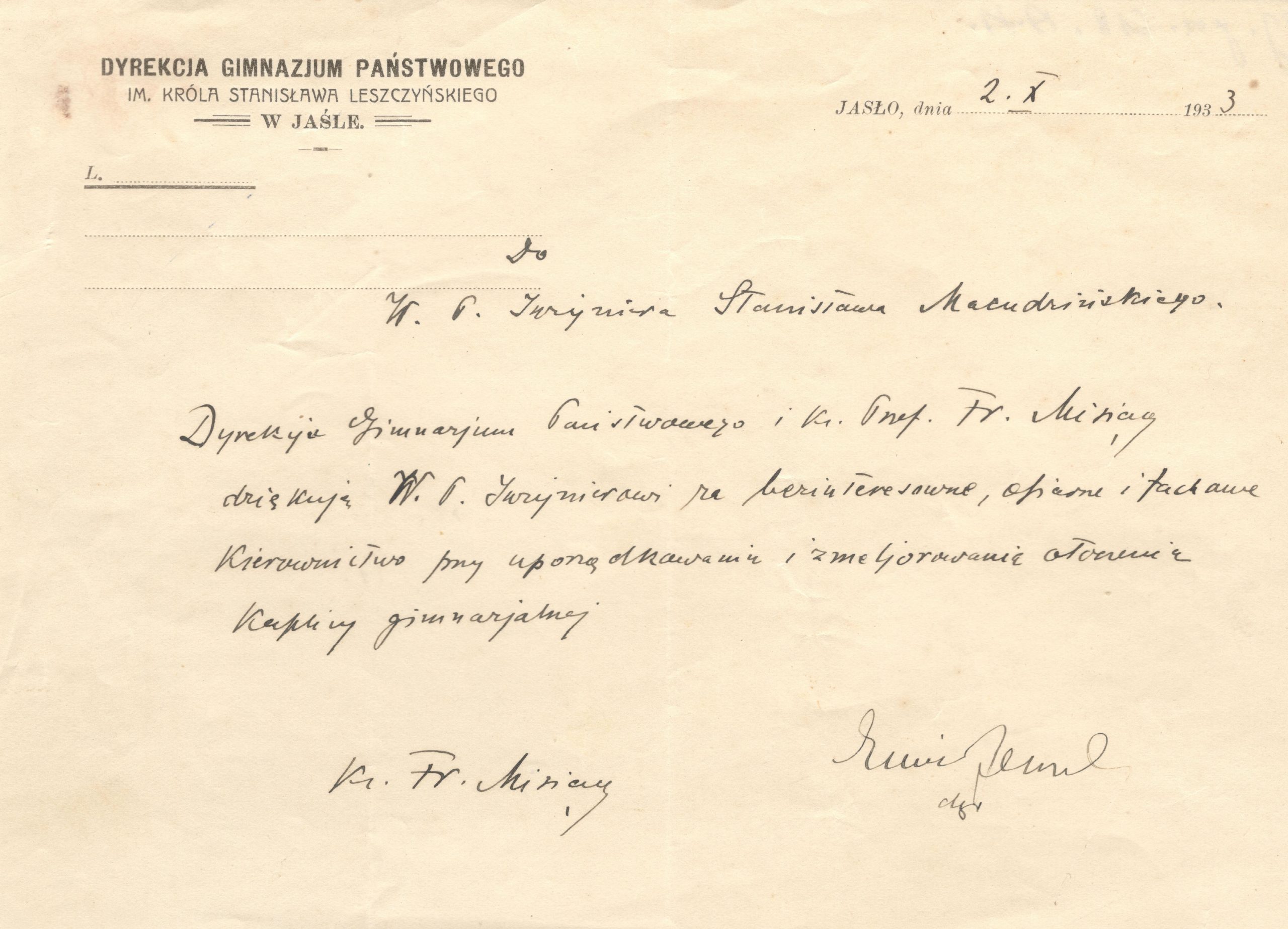 618 ahsid – podziękowanie dyrekcji gimnazjum jasielskiego inż. stanisławowi macudzińskiemu, 1933 r.