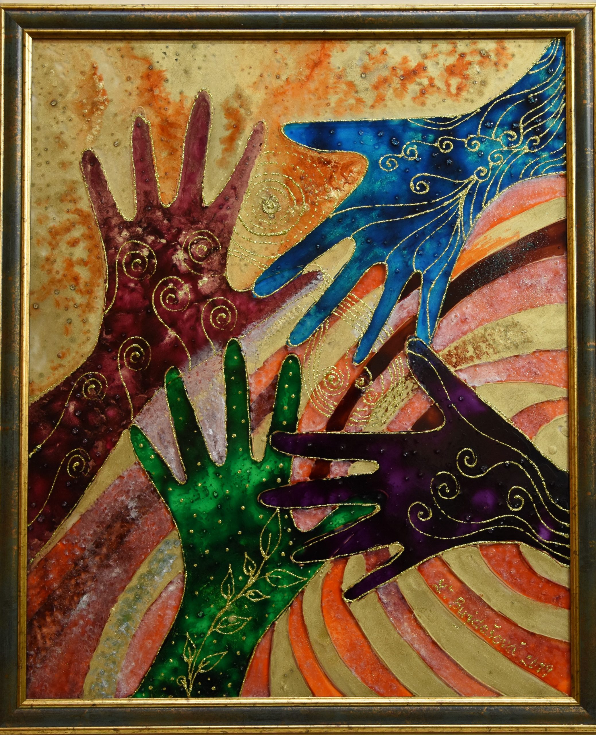 6421 ah, autor ludmila bujdosova, ręce, malowane na szkle, 48 x 40 cm