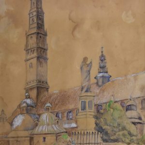 6422 ah, autor karol brzychczy, widok na kościół, 1949, ołówek, kreda, akwarela