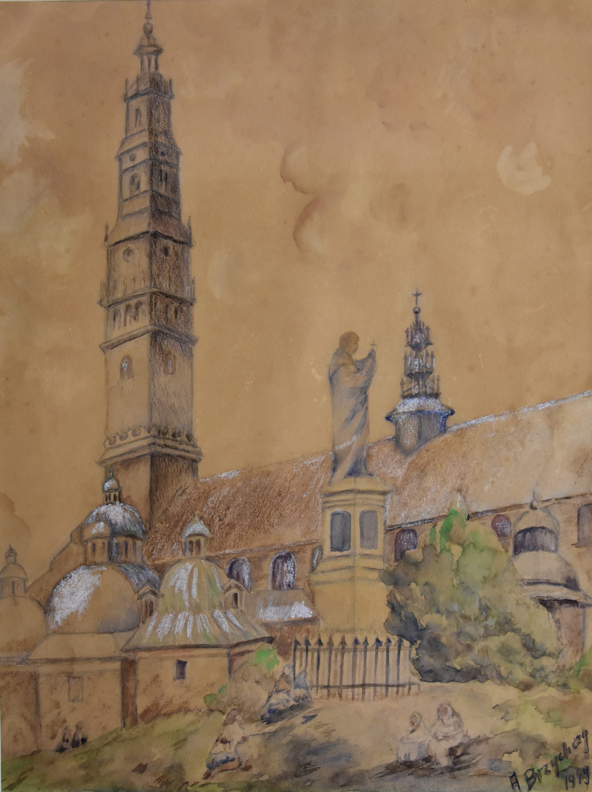 6422 ah, autor karol brzychczy, widok na kościół, 1949, ołówek, kreda, akwarela