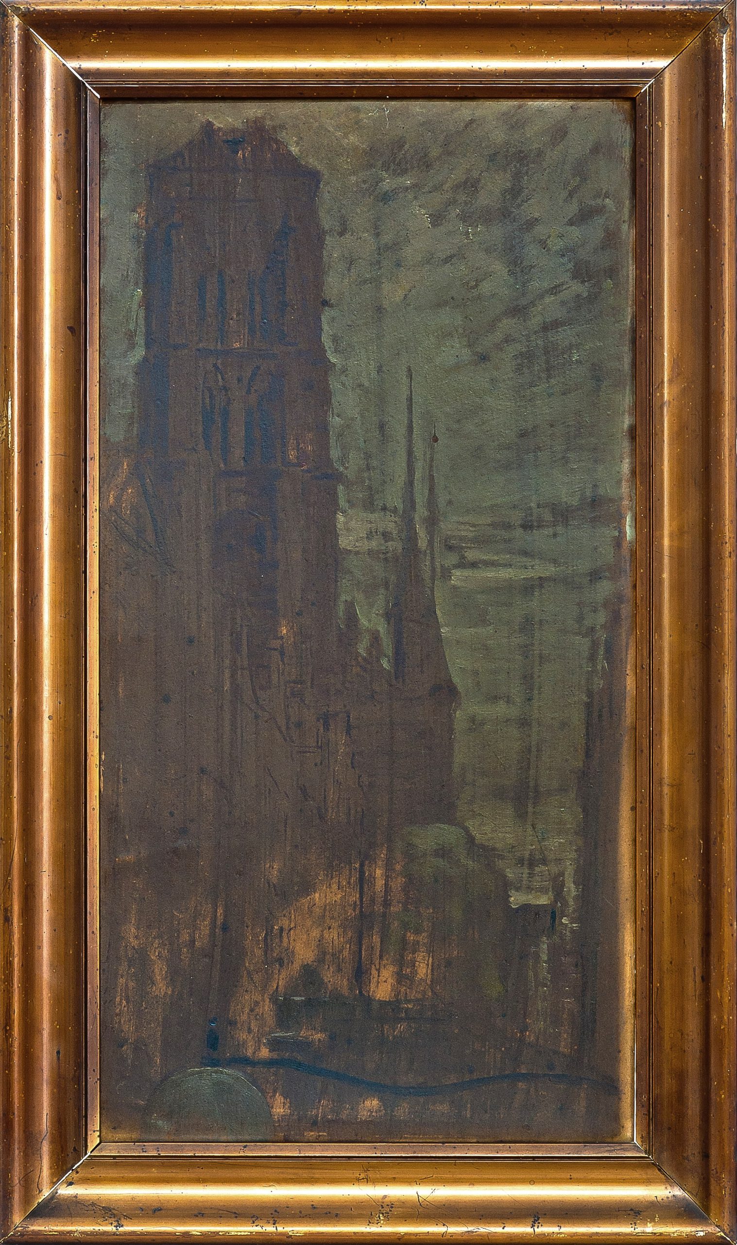 6425 ah obraz kościół najświętszej marii panny w gdańsku, autor ignacy pinkas, olej na dykcie 50x25 cm. pocz. xx w.