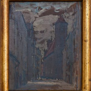 6428 obraz olejny na dykcie, widok na kościół , autor ignacy pinkas, 27x22 cm. pocz xx w.