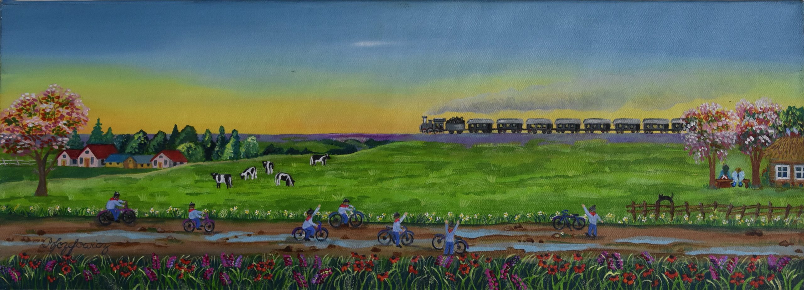 6432 ah, autor barbara józefowicz, wycieczka rowerowa, 2015, akryl na płótnie, 25 x 70 cm