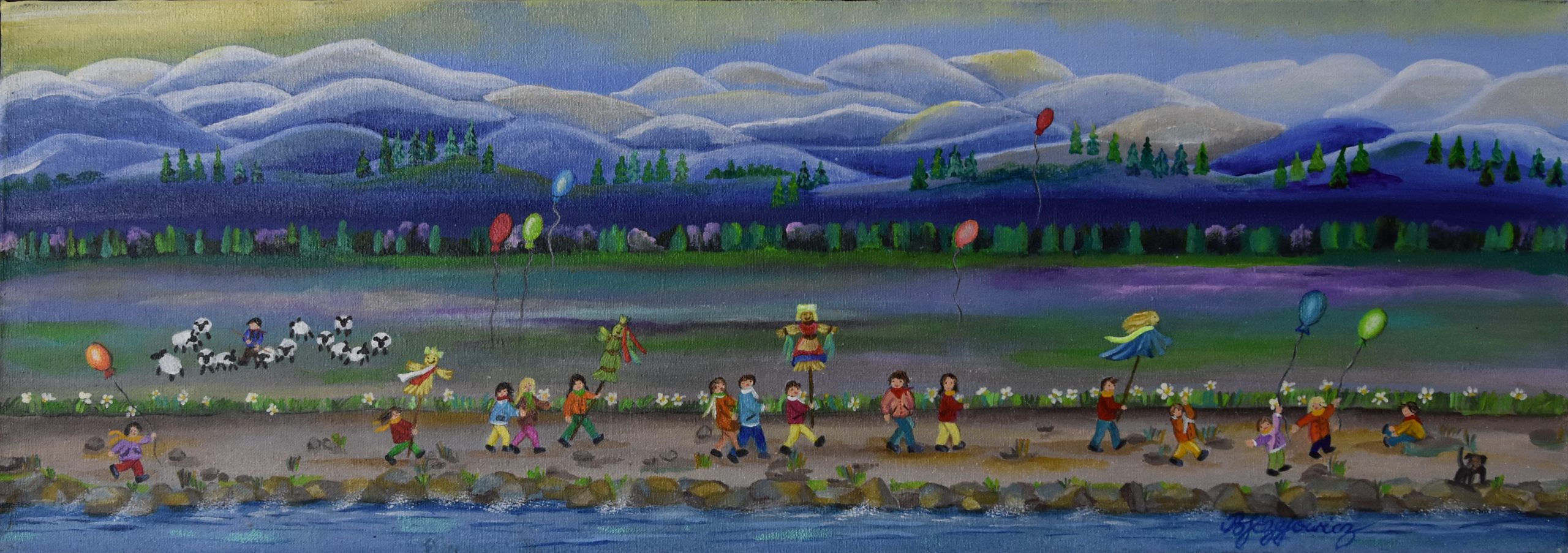 6434 ah, autor barbara józefowicz, topienie marzanny, 2015, akryl na płótnie, 25 x 70 cm