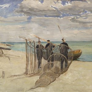 657 ah autor ignacy pinkas, rybacy idą do łodzi, 1933, olej tektura, 69x90,