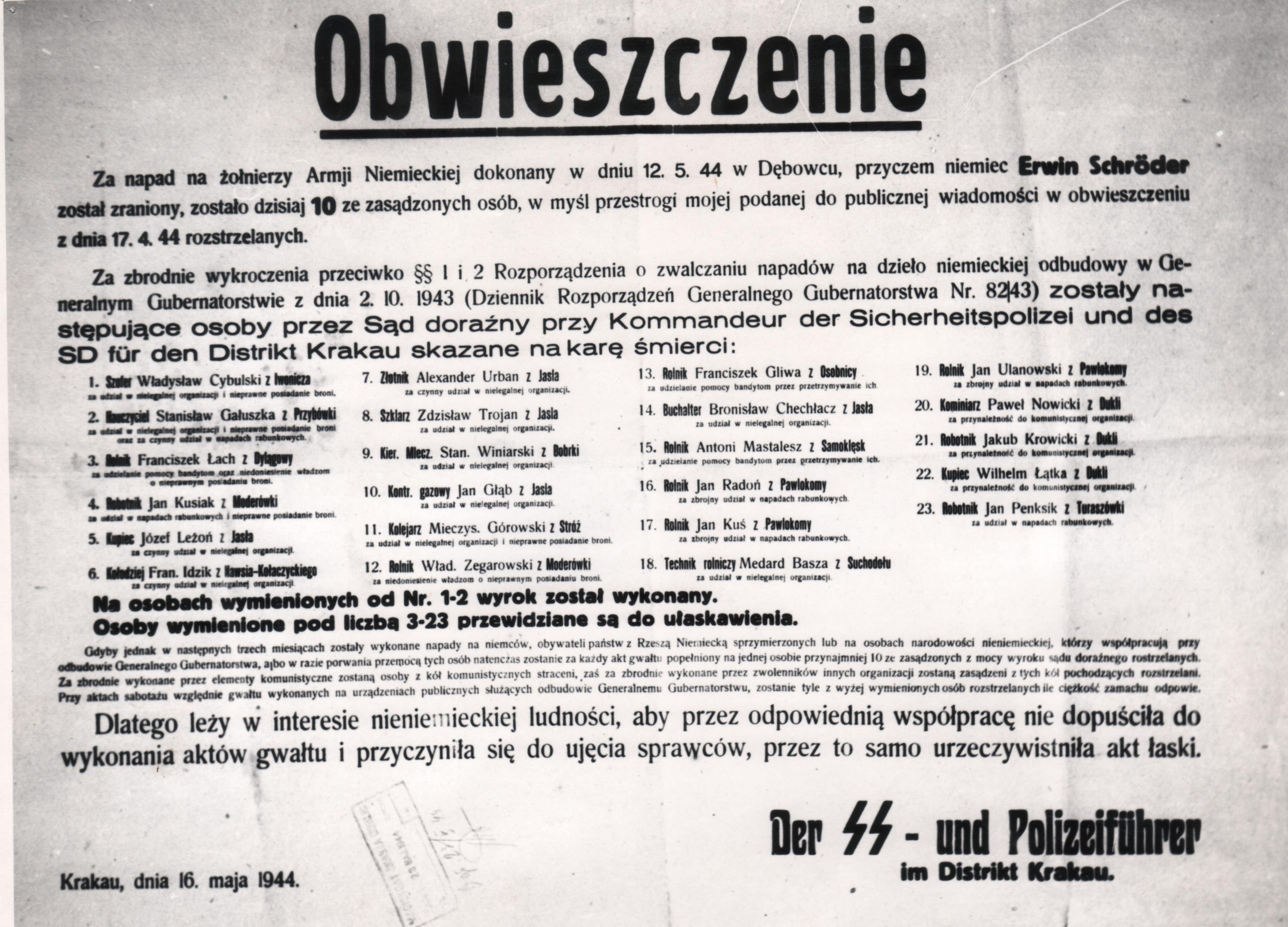 668 ahsid – obwieszczenie o rozstrzelaniu 23 polaków w odwecie za napad ruchu oporu na żołnierzy niemieckich, 1944 r.