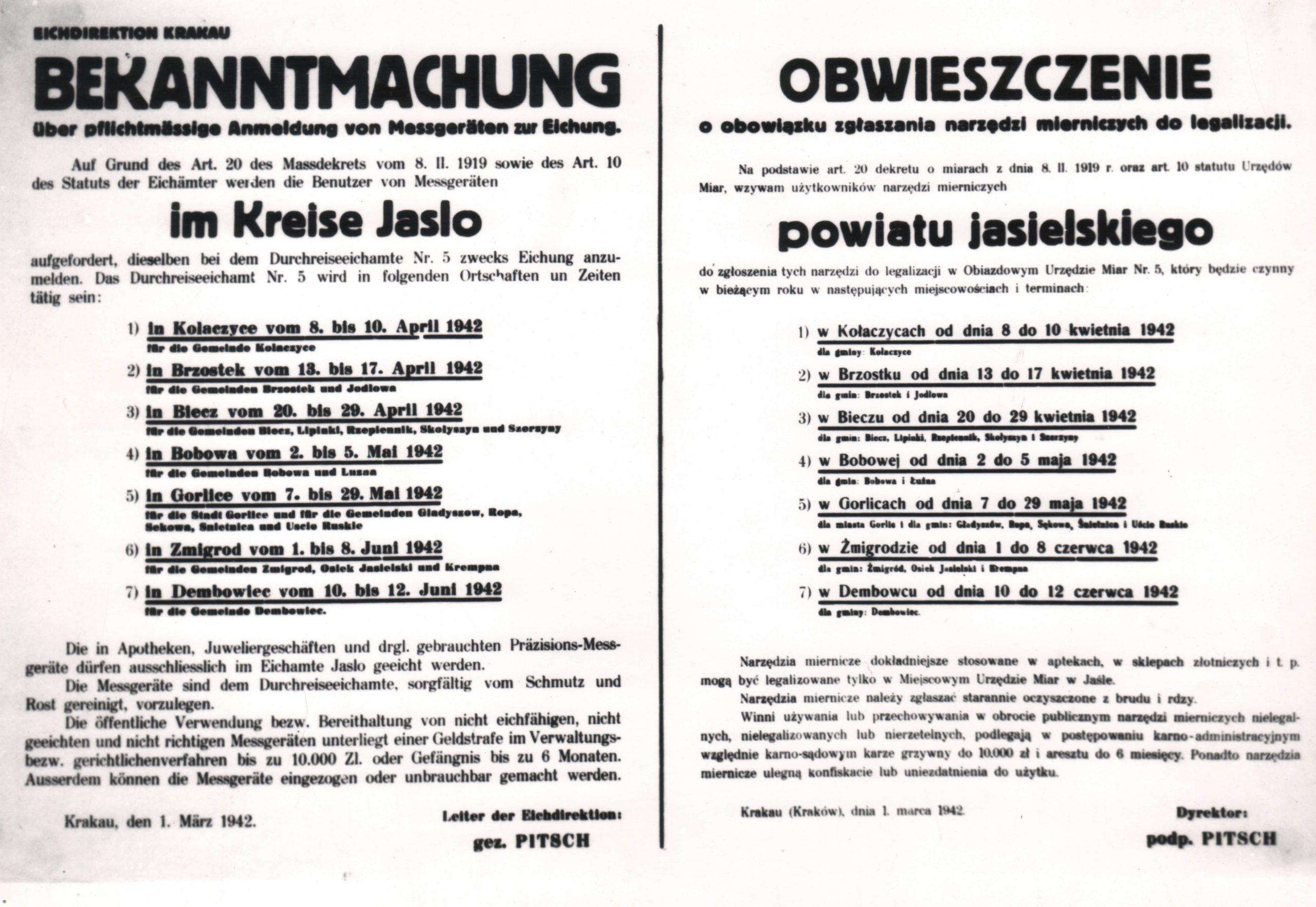 671 ahsid – obwieszczenie o obowiązku zgłoszenia narzędzi mierniczych do legalizacji przez władze niemieckie, 1942 r.
