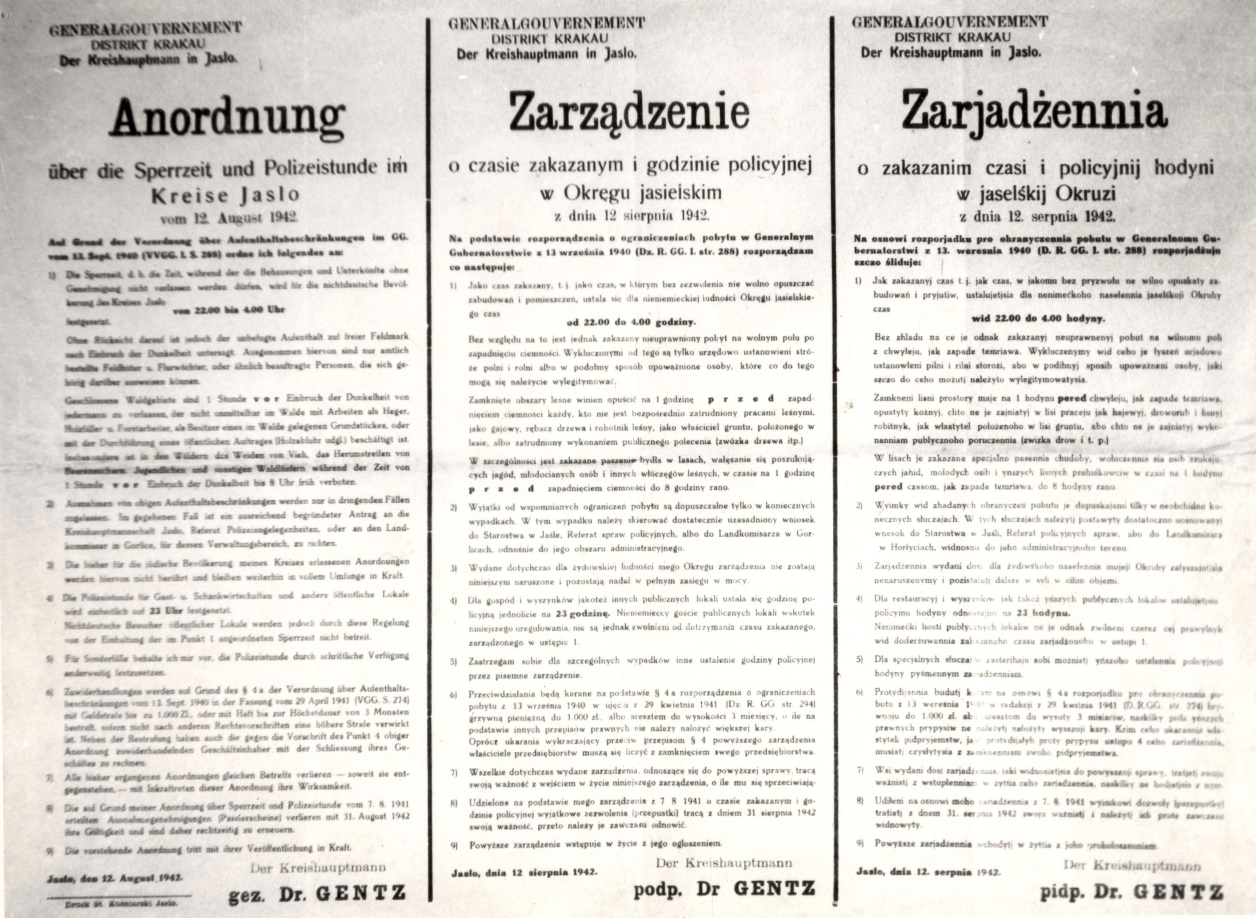 674 ahsid – zarządzenie o czasie zakazanym i godzinie policyjnej w okręgu jasielskim, 1942 r.