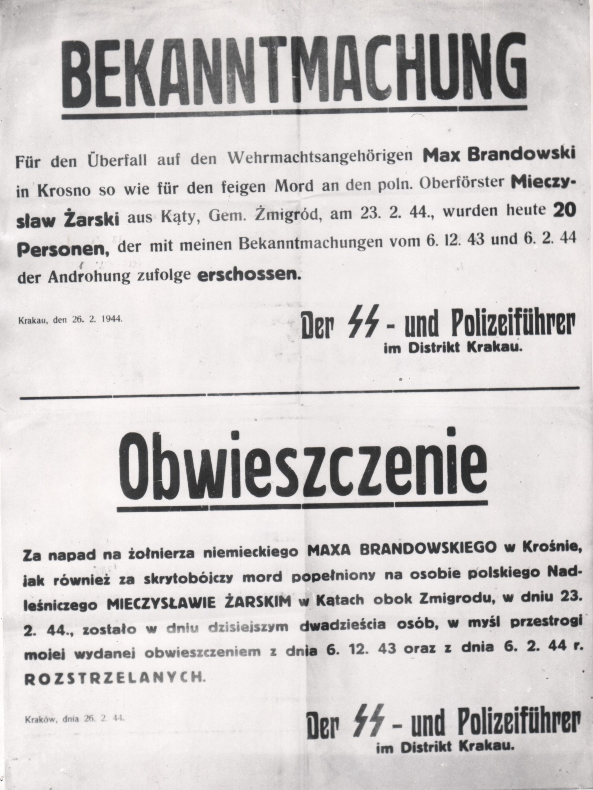676 ahsid – obwieszczenie o rozstrzelaniu polaków, 1944 r.