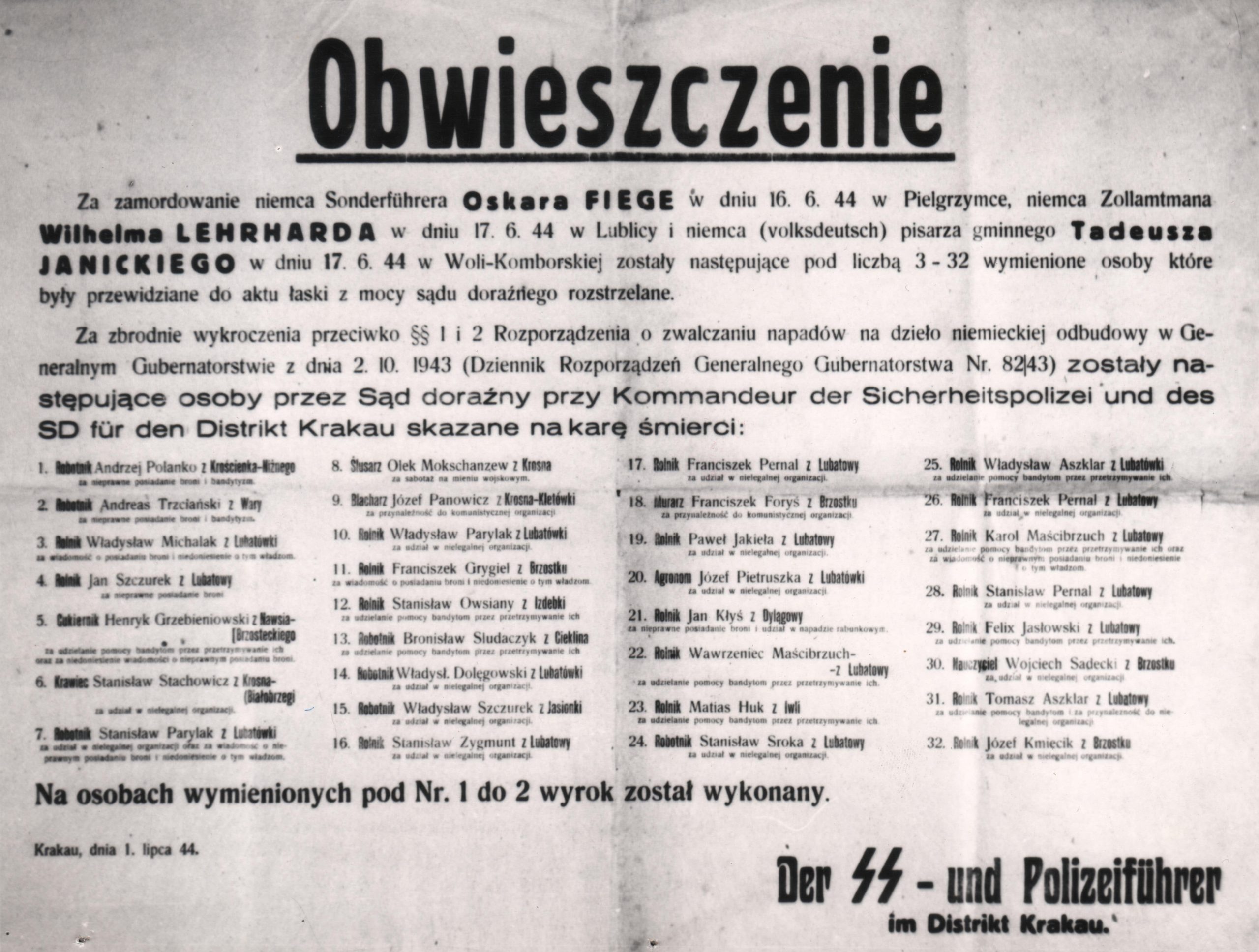 677 ahsid – obwieszczenie o rozstrzelaniu polaków, 1944 r.