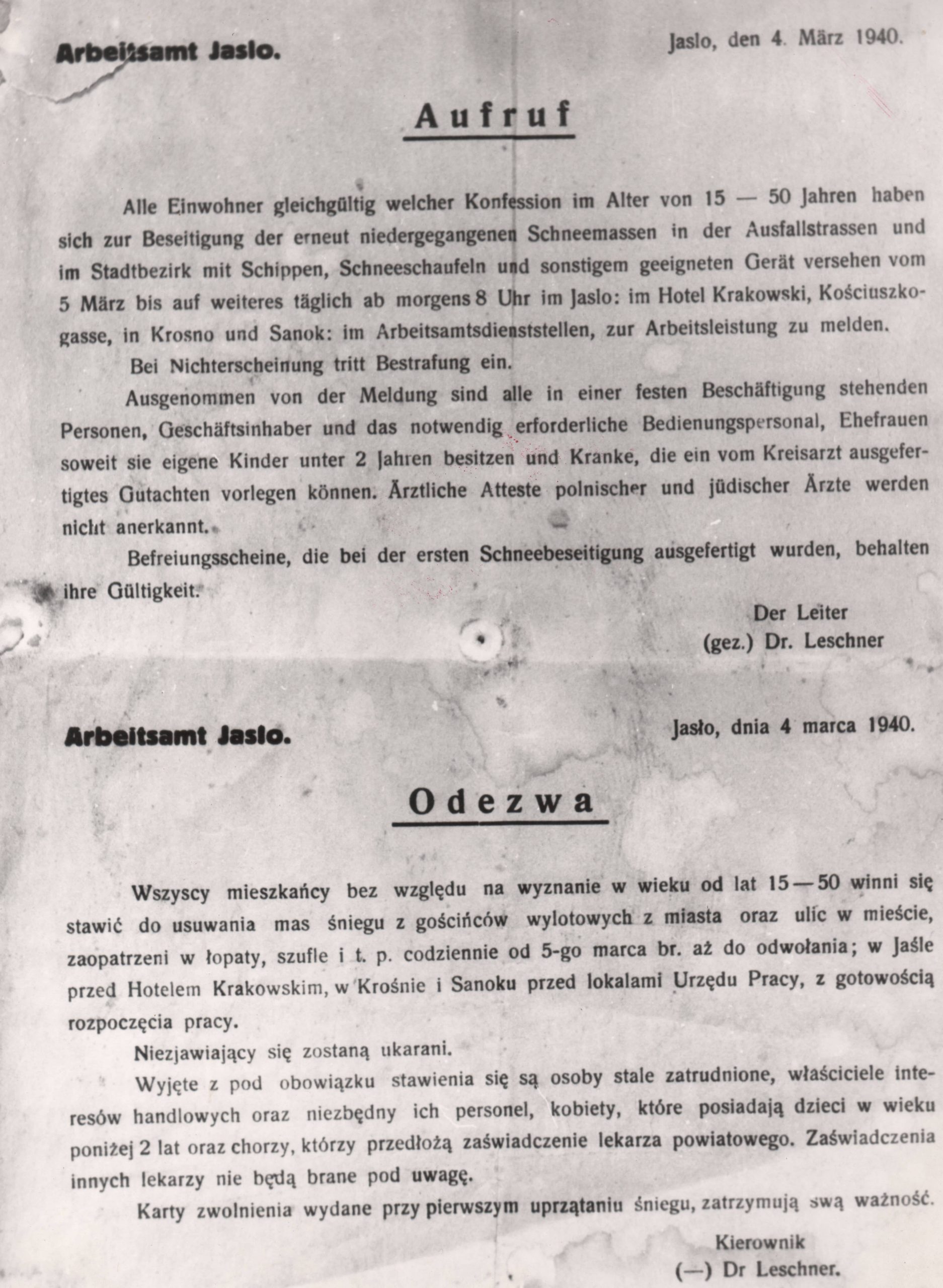 689 ahsid – ogłoszenie o obowiązku odśnieżania, 1940 r.