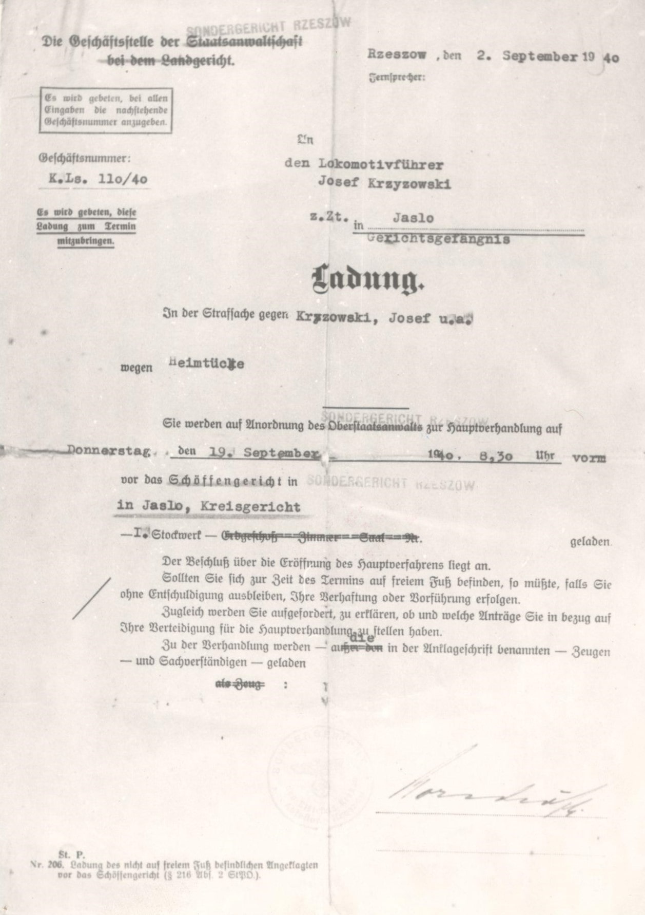 692 ahsid – dokument józefa krzyżowskiego z okresu pobytu w więzieniu niemieckim, 1940 r.