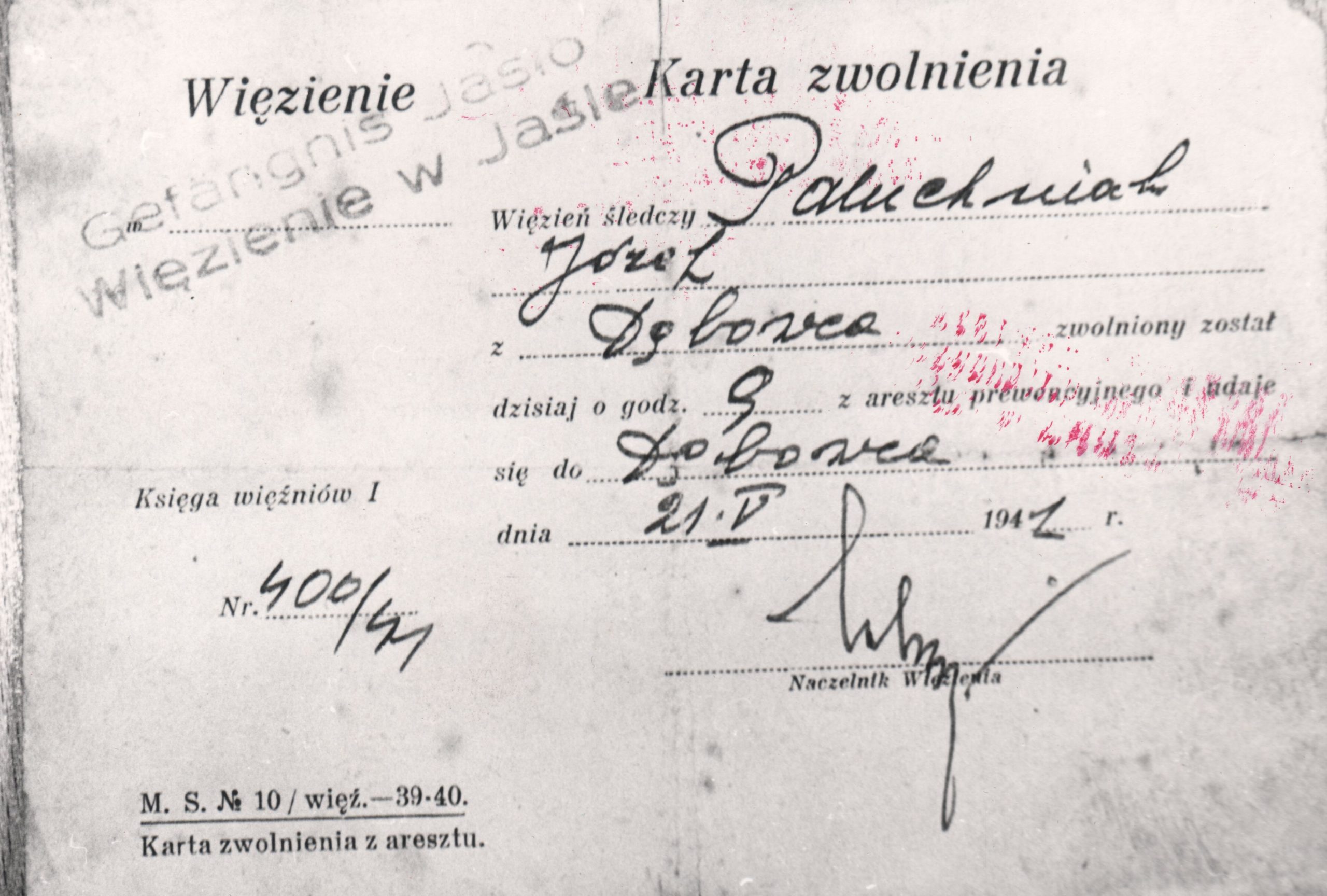 698 ahsid – zwolnienie józefa paluchniaka z więzienia w jaśle, 1944 r.