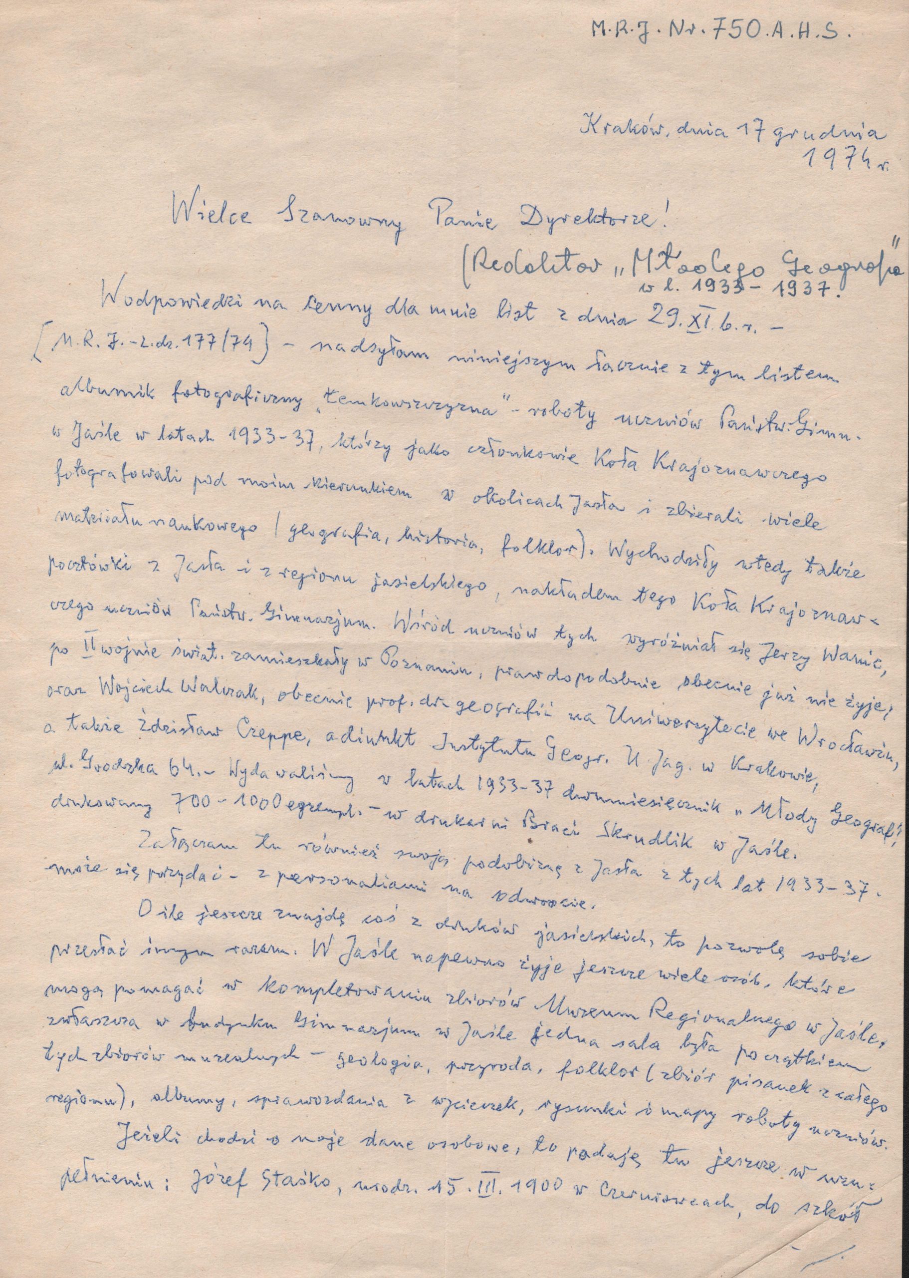 750 ahsid – wspomnienia józefa staśki – redaktora „młodego geografa”, czasopisma jasielskiego gimnazjum, 1974 r.