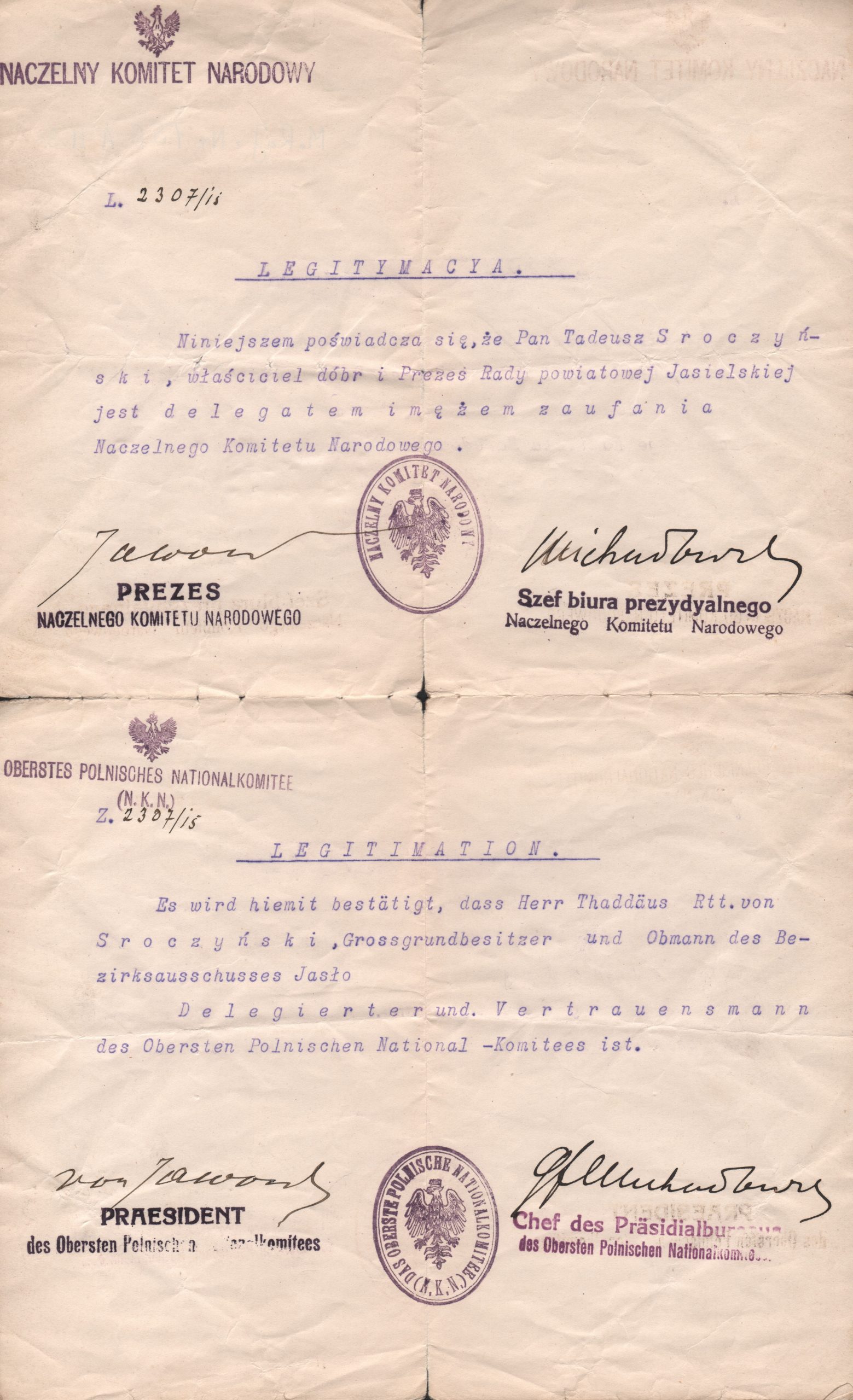 756 ahsid – legitymacja naczelnego komitetu narodowego tadeusza sroczyńskiego, 1915 r.