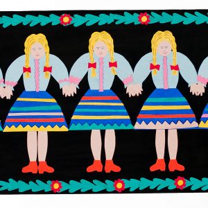 806 etnografia - dziewczynki, wycinanka z kolorowego papieru wykonana przez zofię warzechę z jodłowej w 1970 r., wys. 26,7 cm, szer. 68,5 cm