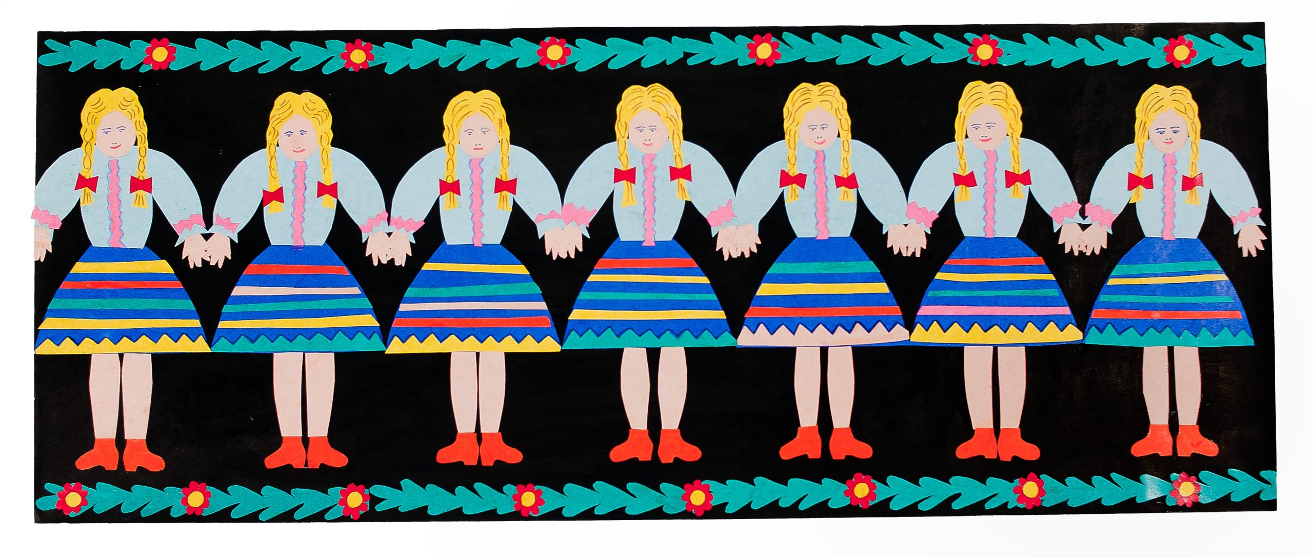 806 etnografia - dziewczynki, wycinanka z kolorowego papieru wykonana przez zofię warzechę z jodłowej w 1970 r., wys. 26,7 cm, szer. 68,5 cm