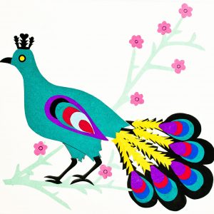 808 etnografia - paw na gałęzi, wycinanka z kolorowego papieru, zofia warzecha, jodłowa, 1970 r., wys. 34,3, szer. 35 cm