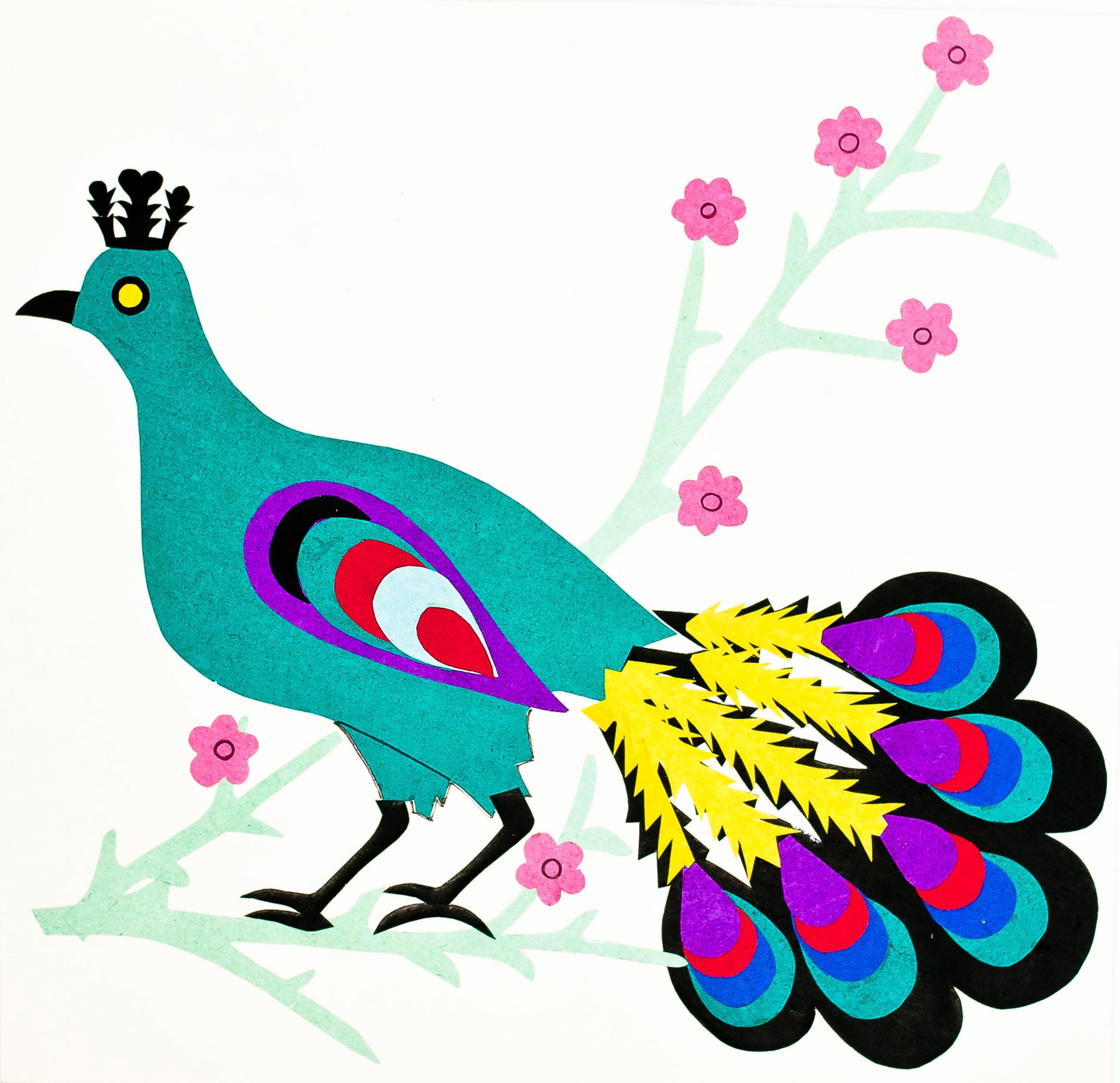 808 etnografia - paw na gałęzi, wycinanka z kolorowego papieru, zofia warzecha, jodłowa, 1970 r., wys. 34,3, szer. 35 cm