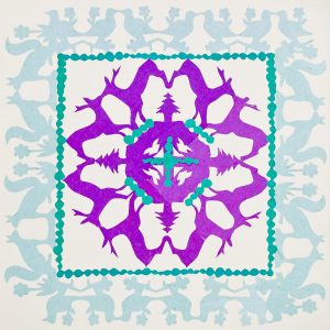 810 etnografia - jelenie, wiewiórki i ptaszki, papierowa wycinanka, zofia warzecha, jodłowa, 1970 r., wys. 45 cm, szer. 45 cm.
