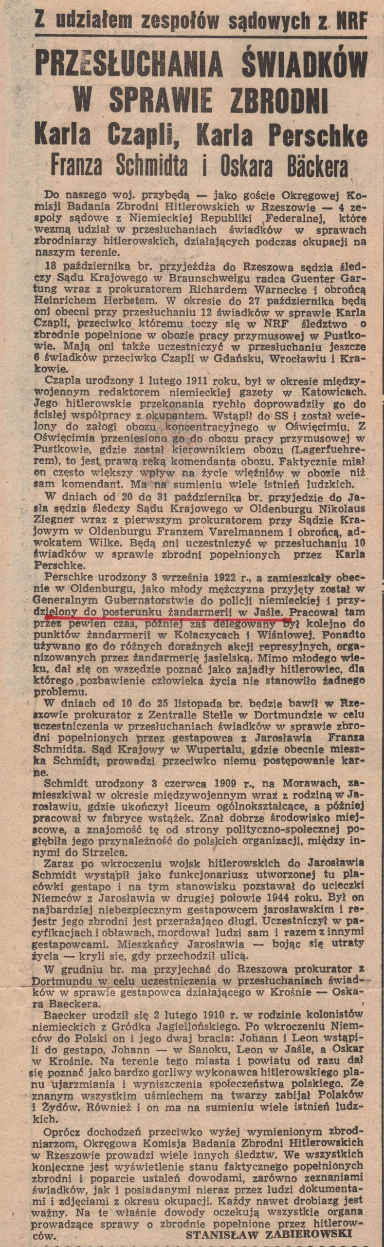 811 ahsid – wycinek prasowy relacjonujący przesłuchanie świadków w sprawie zbrodni karola czapli, karla perschke, franza schmidta i oskara bӓckera gestapowców w jaśle.