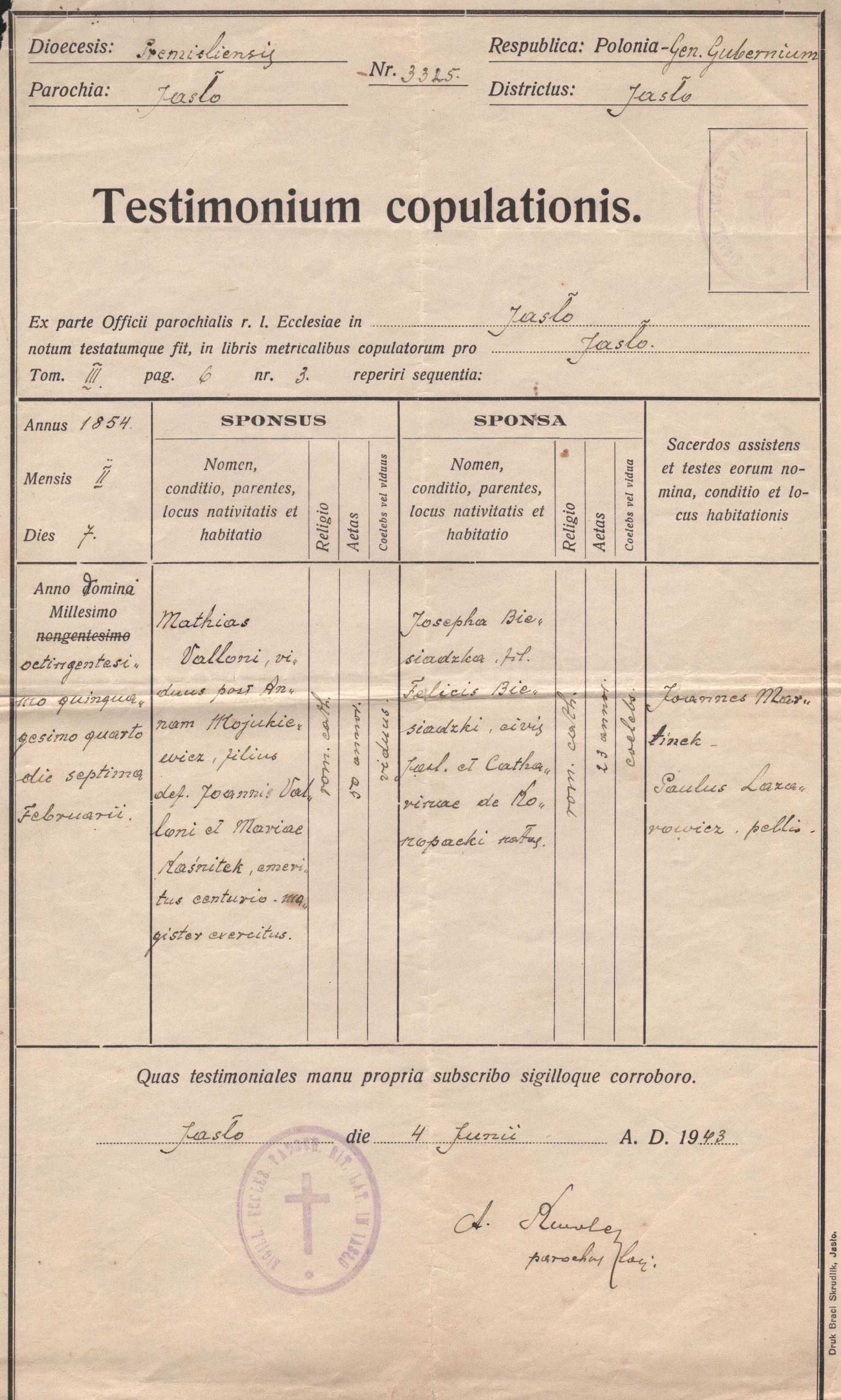 845 ahsid – Świadectwo małżeństwa zawartego w parafii jasielskiej, 1943 r.