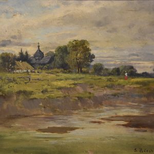 848 ah, autor seweryn bieszczad, pejzaż wiejski z kościołem, olej na desce, 21x15,7 cm