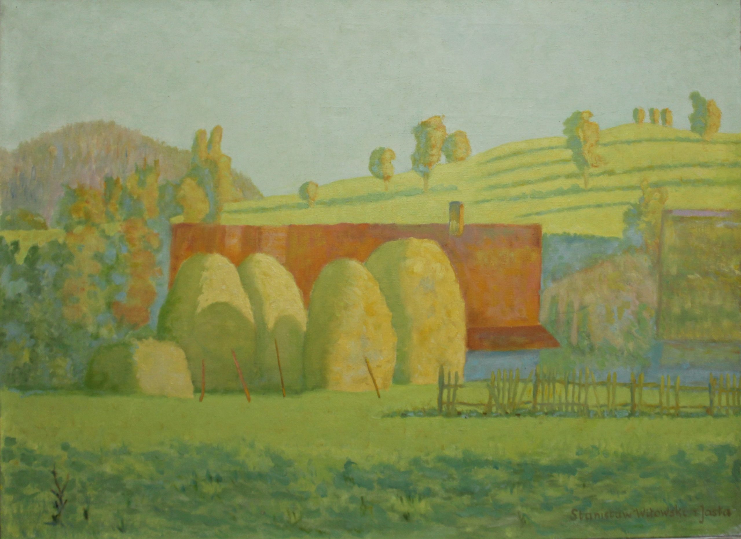 902 ah, autor st. witowski z jasła, zachód słońca w komańczy, 1972, olej na płótnie, 55x75 cm