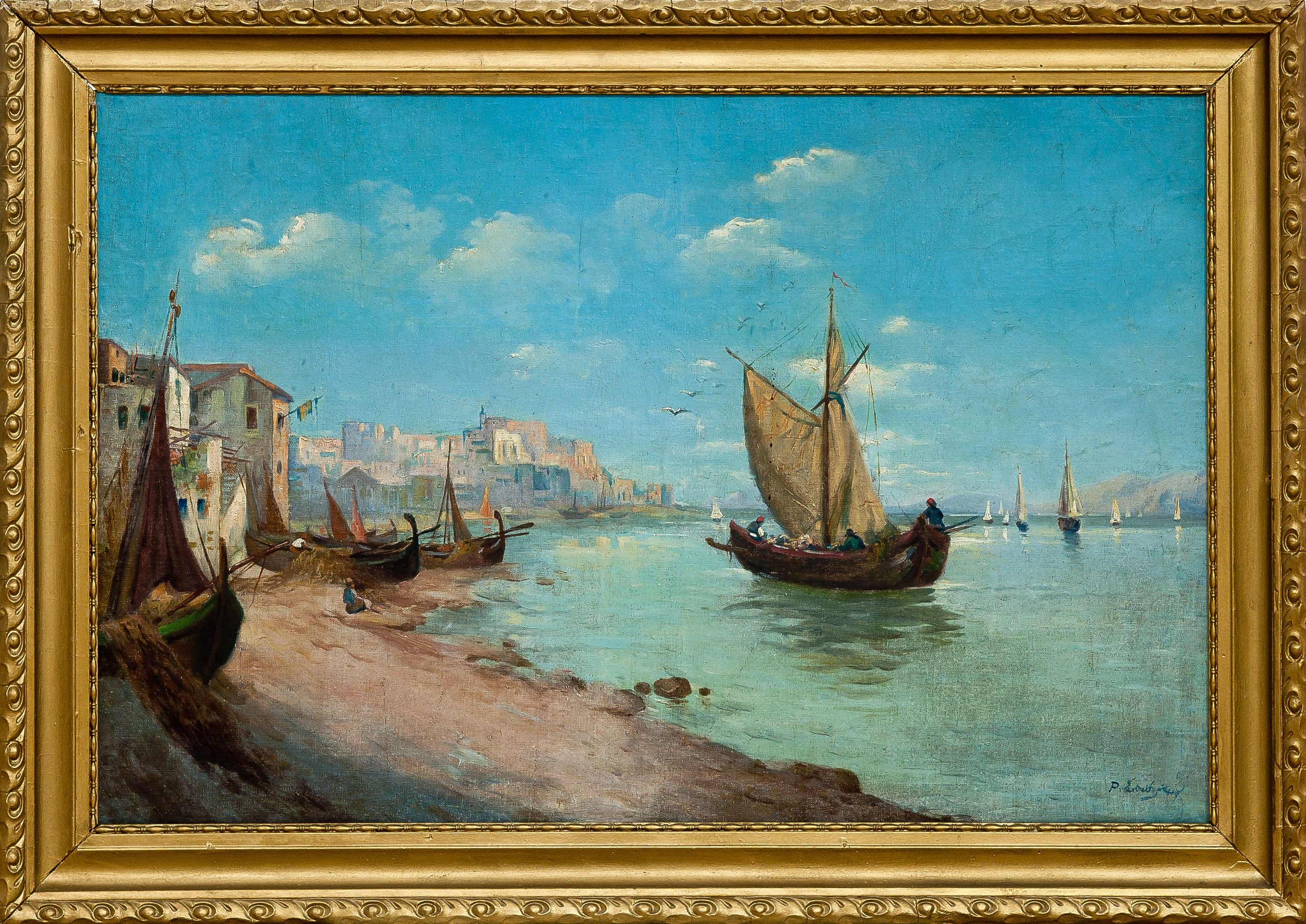 913 ah obraz olejny, pejzaż z łodziami żaglowymi, j.b. prosnowski, 70x107 cm. przełom xix - xx w.